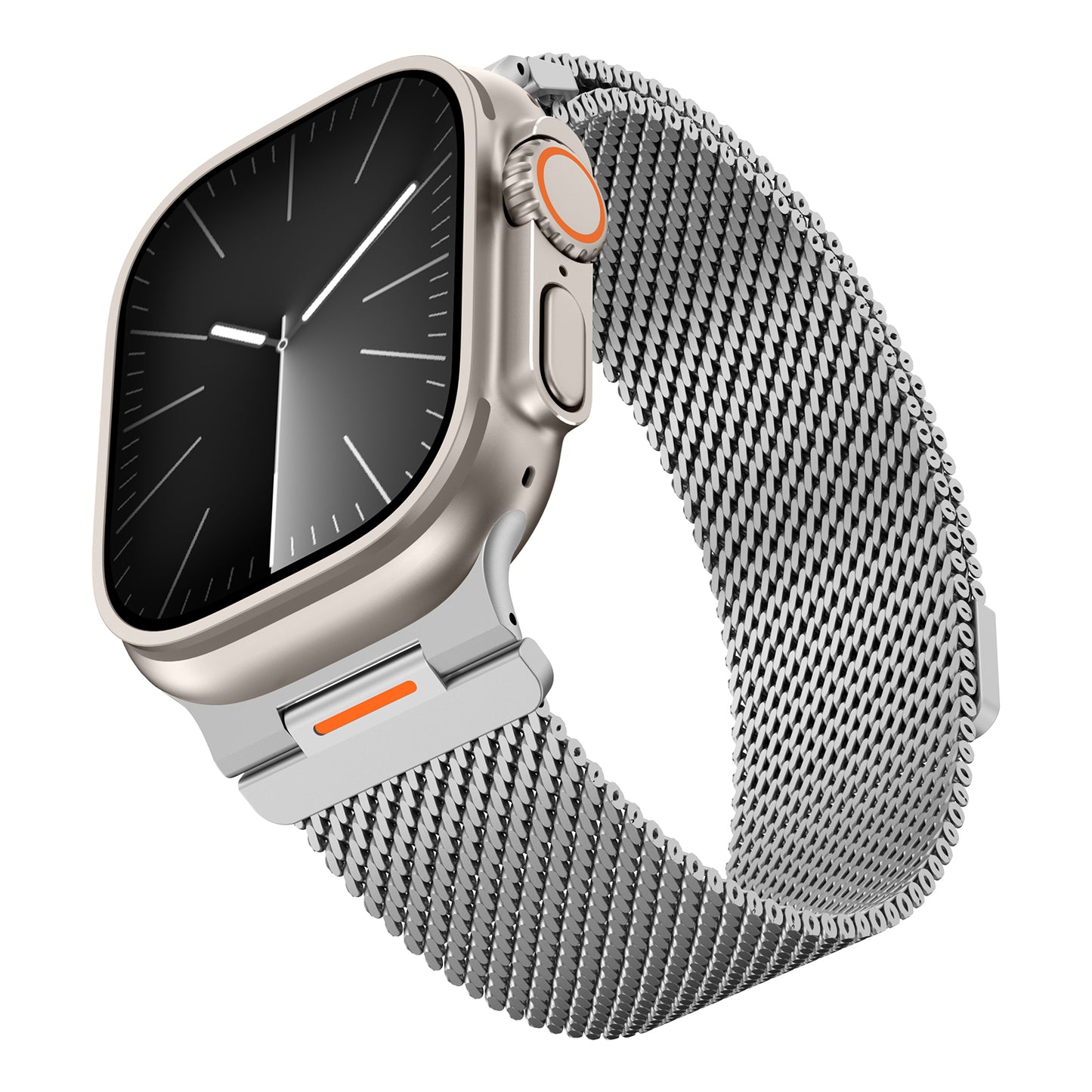 Das arktisband Apple Watch Milanaise Armband "Bold SE" ist ein schlankes silbernes Smartwatch-Armband mit schwarzem Display, das modernen Stil und zeitlose Eleganz auf weißem Hintergrund vereint.