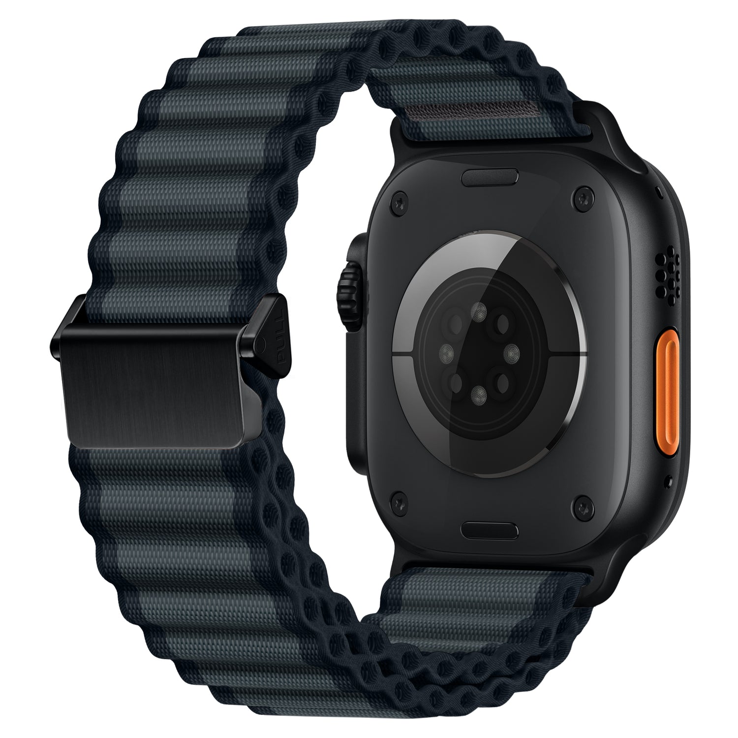 Eine Nahaufnahme des arktisband Apple Watch Nylonarmbands „Venture“ von arktisband, dargestellt in Schwarz mit einem dunkelgrauen, geriffelten Stoffband im Wellen-Look und einem schwarzen Metallverschluss – mit einem runden Sensor-Array und einem orangefarbenen Knopf, perfekt für Outdoor-Enthusiasten.