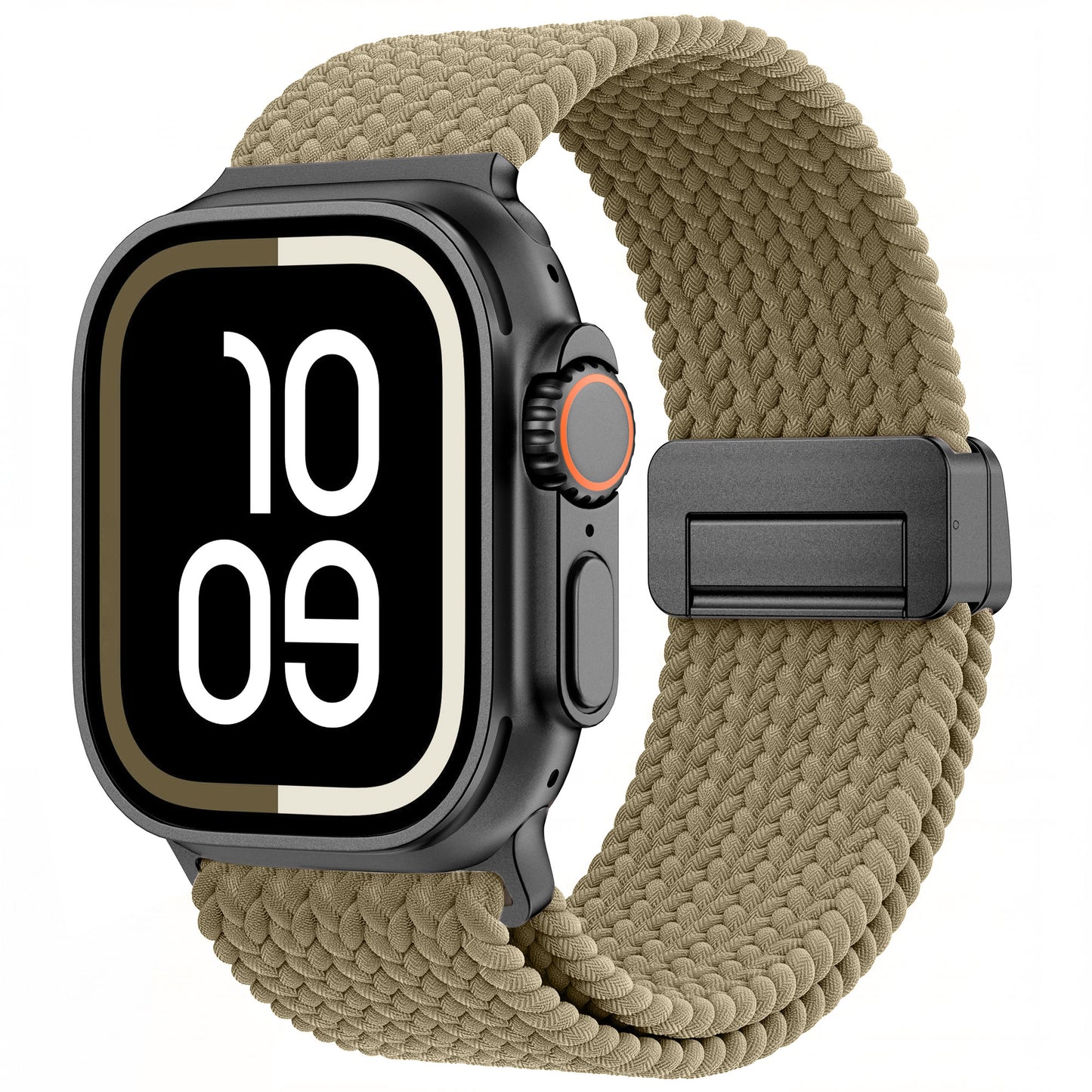 Das arktisband Geflochtenes Apple Watch Ultra-Armband „Casual“ mit Magnetverschluss in Beige wird mit einer stilvollen Smartwatch kombiniert, deren großes schwarzes Display die Uhrzeit 10:09 anzeigt.