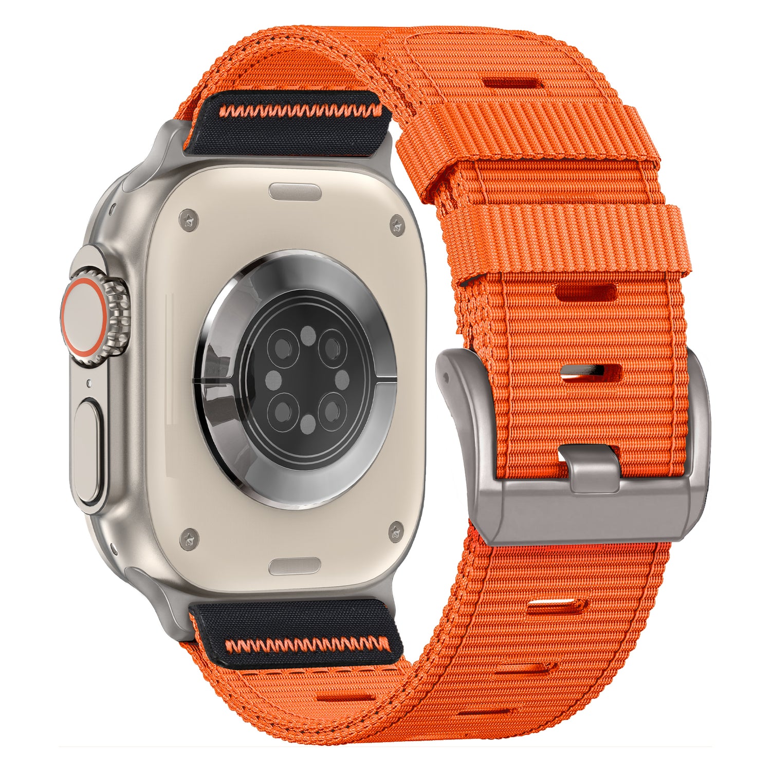 Das arktisband Apple Watch Armband "Terra" hat eine beige Rückseite, ein orangefarbenes, extra breites Nylonband und ist für die Apple Watch Ultra konzipiert, wobei die Sensoren und die Schnalle hervorgehoben werden.