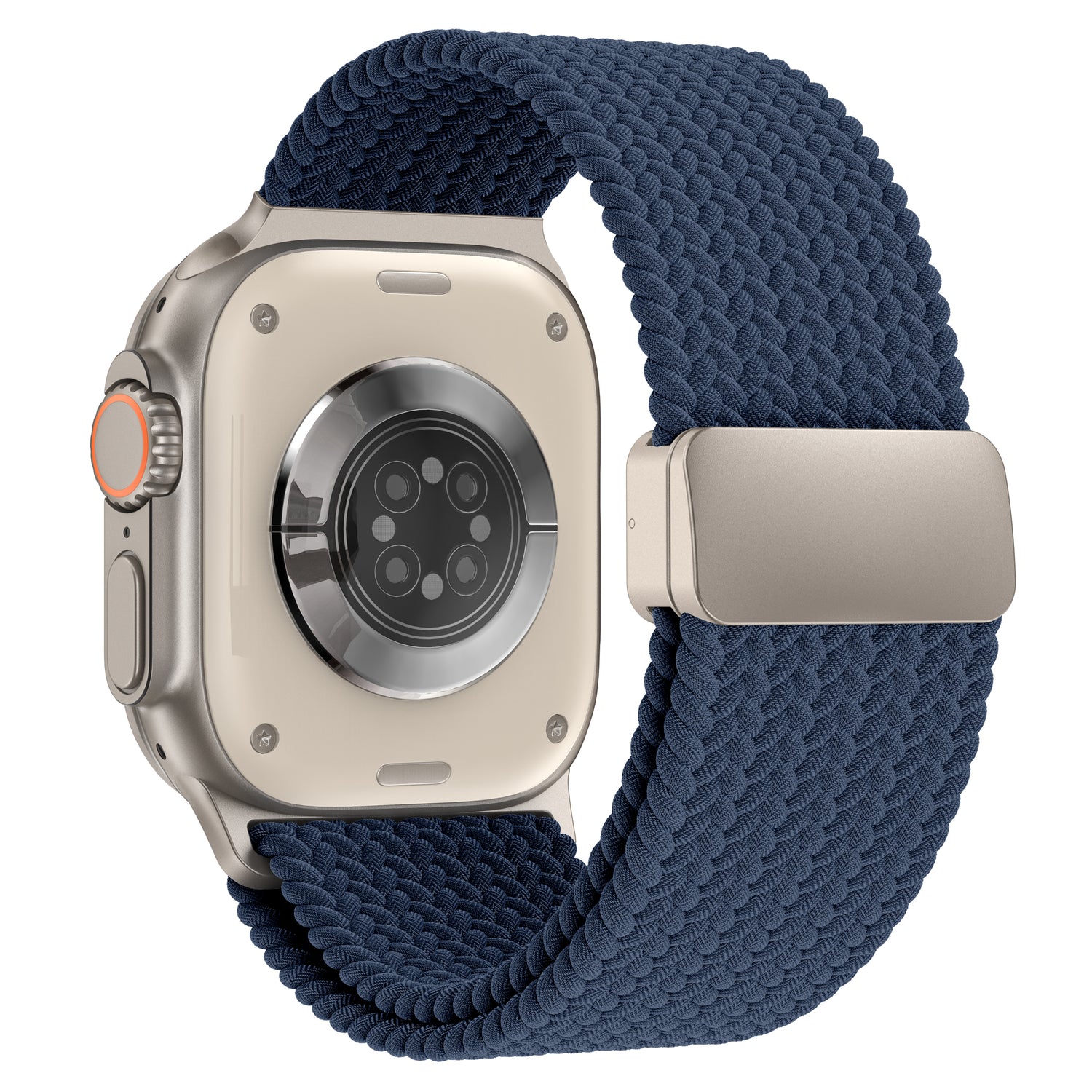 Das arktisband Geflochtenes Apple Watch Ultra Armband "Casual" in blau verfügt über ein silbernes Gehäuse, das von der Rückseite gezeigt wird, um seine Sensoren hervorzuheben und beinhaltet einen praktischen Magnetverschluss für eine einfache Nutzung.