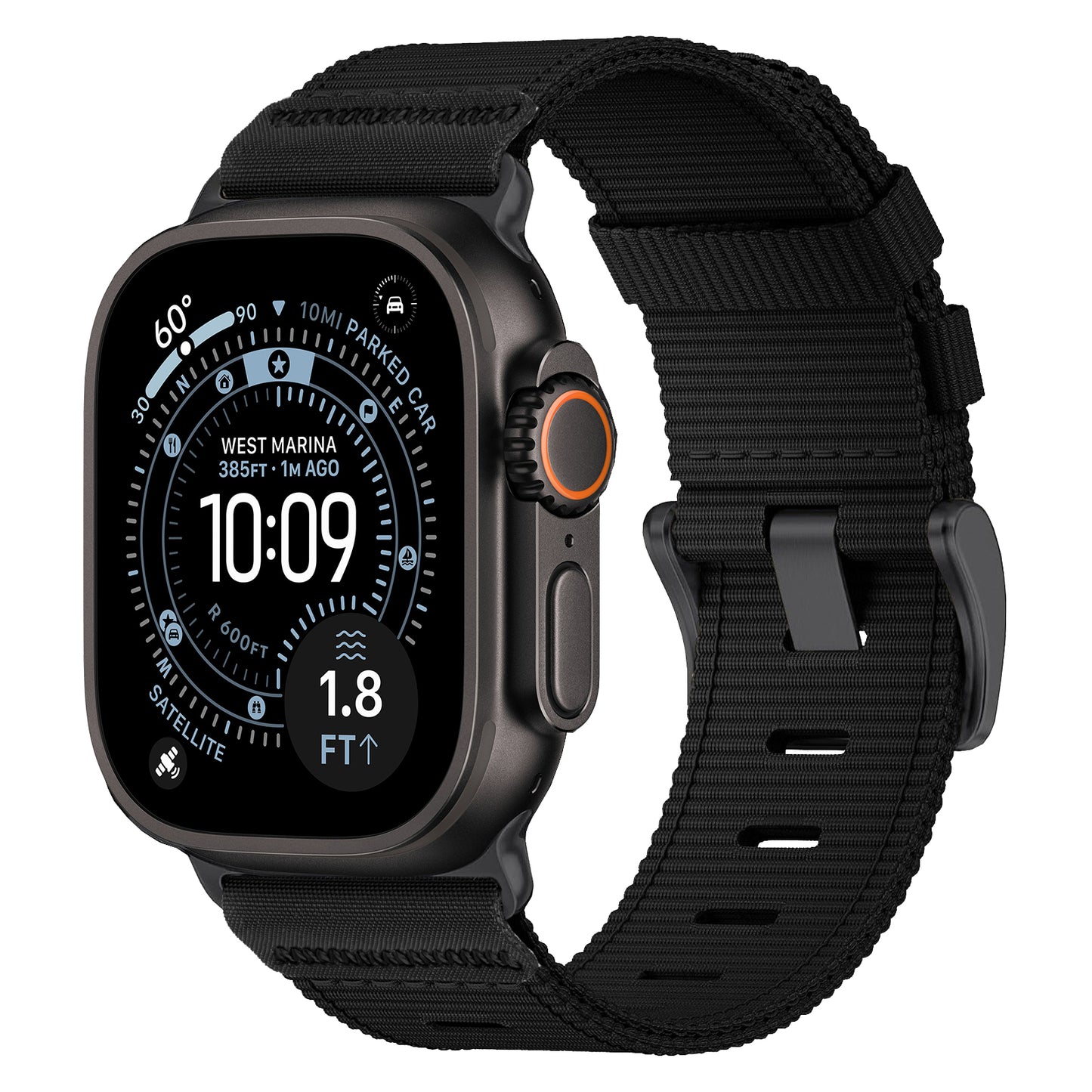 Das arktisband Apple Watch Armband "Terra" von arktisband ist eine schwarze Smartwatch mit digitaler Anzeige für Zeit, Wetter, Höhe und GPS, sowie einem extrabreites Nylonarmband für erhöhten Tragekomfort.