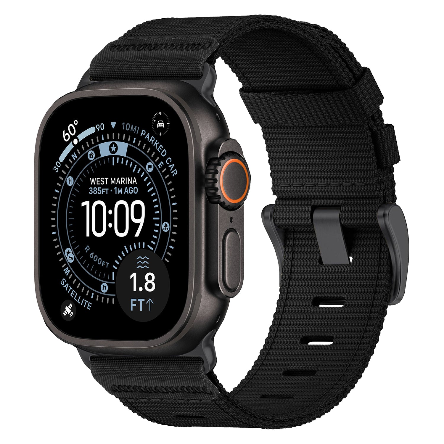 Das arktisband Apple Watch Armband "Terra" von arktisband ist eine schwarze Smartwatch mit digitaler Anzeige für Zeit, Wetter, Höhe und GPS, sowie einem extrabreites Nylonarmband für erhöhten Tragekomfort.