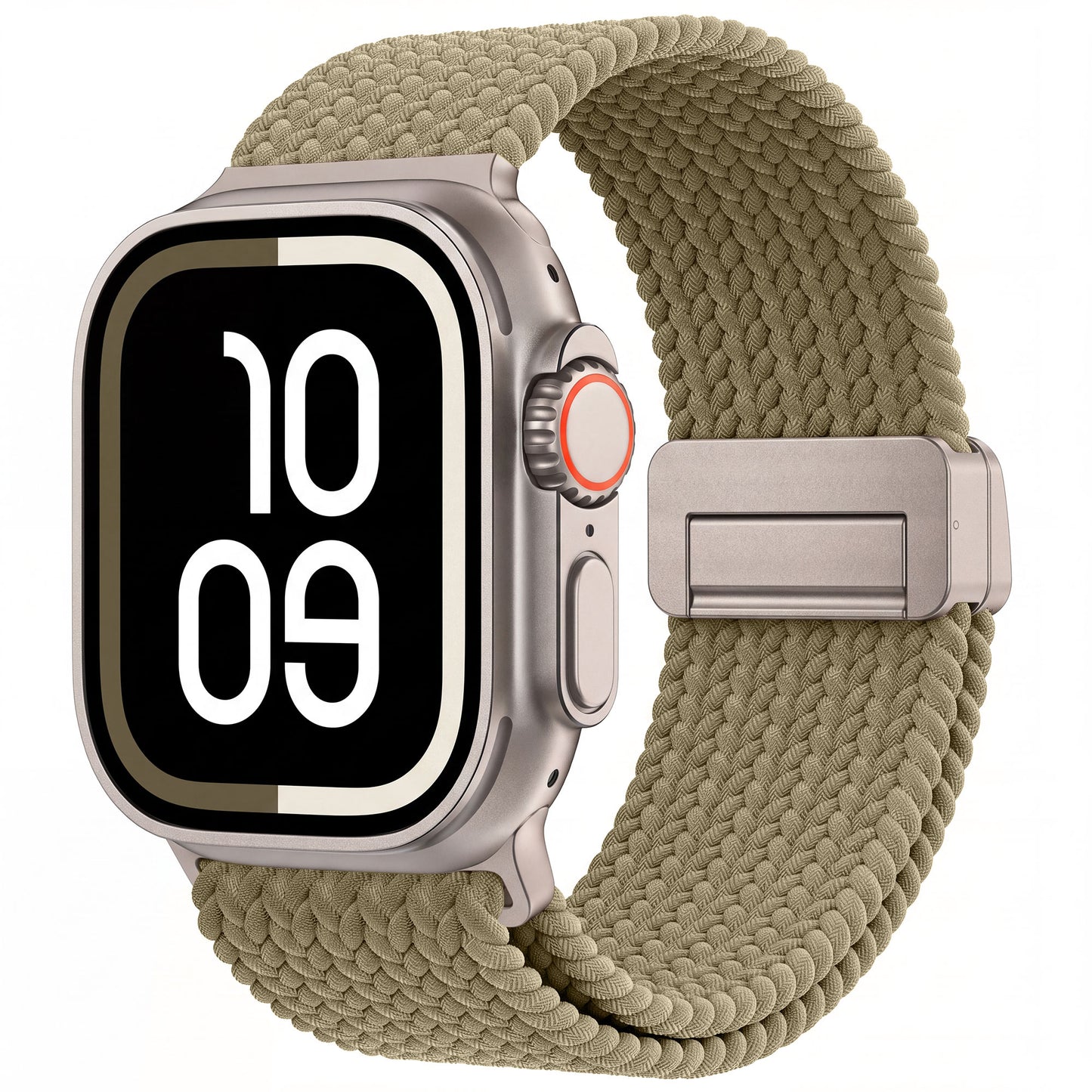 Das arktisband „Geflochtenes“ Apple Watch Ultra-Armband „Casual“ mit Magnetverschluss in Beige ist an einer Apple Watch zu sehen, deren schwarz-weißes Display die Uhrzeit 10:09 anzeigt.