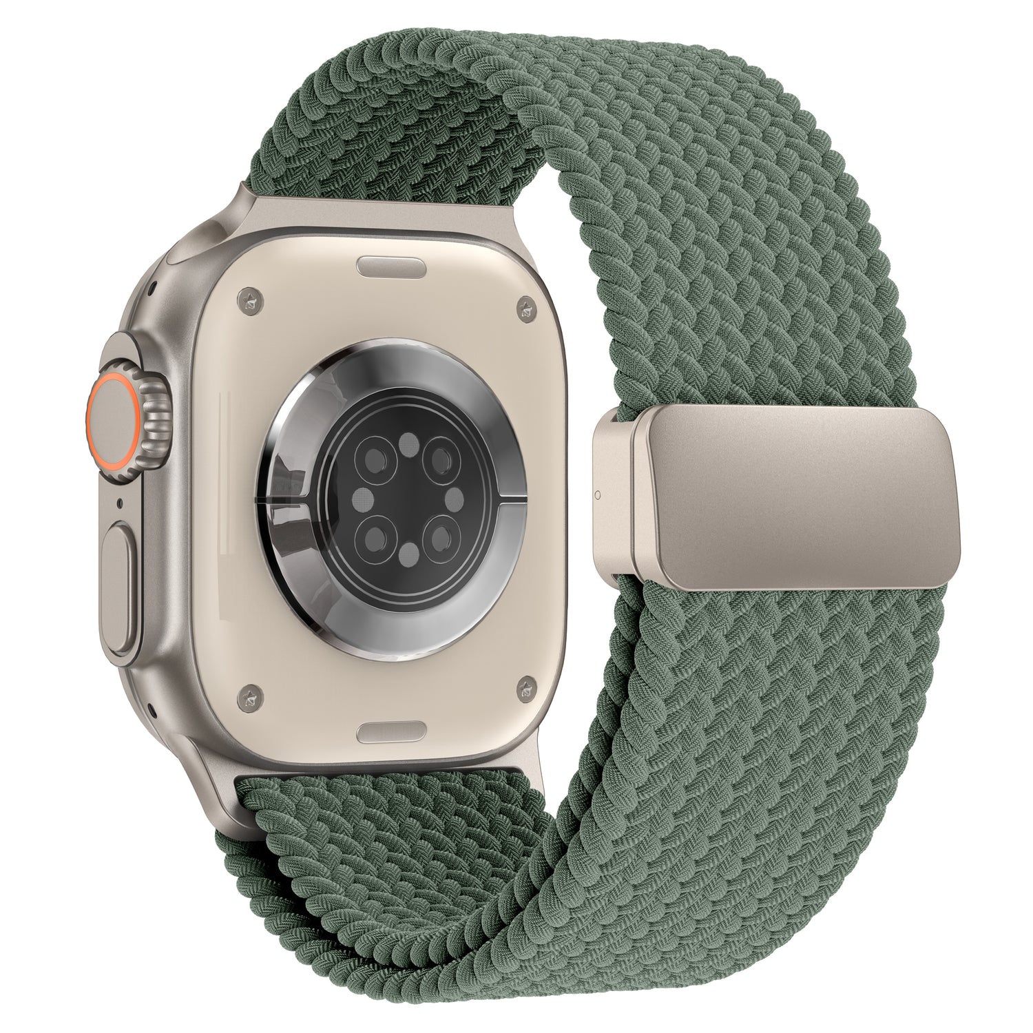 Das arktisband Geflochtenes Apple Watch Ultra Armband "Casual" in grün, abgebildet von hinten, hebt seinen schlanken Magnetverschluss und Sensorbereich hervor.