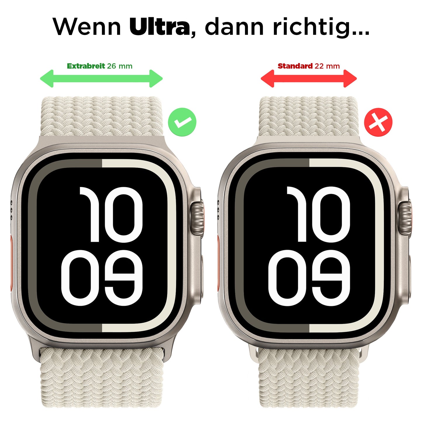 Zwei Smartwatches nebeneinander: links mit dem breiteren 26mm Arktisband Geflochtenes Apple Watch Ultra Armband "Casual" mit Magnetverschluss (grünes Karo), rechts mit einem schmaleren 22mm Band (rotes X). Das Arktisband bietet einen modernen, sicheren Style.