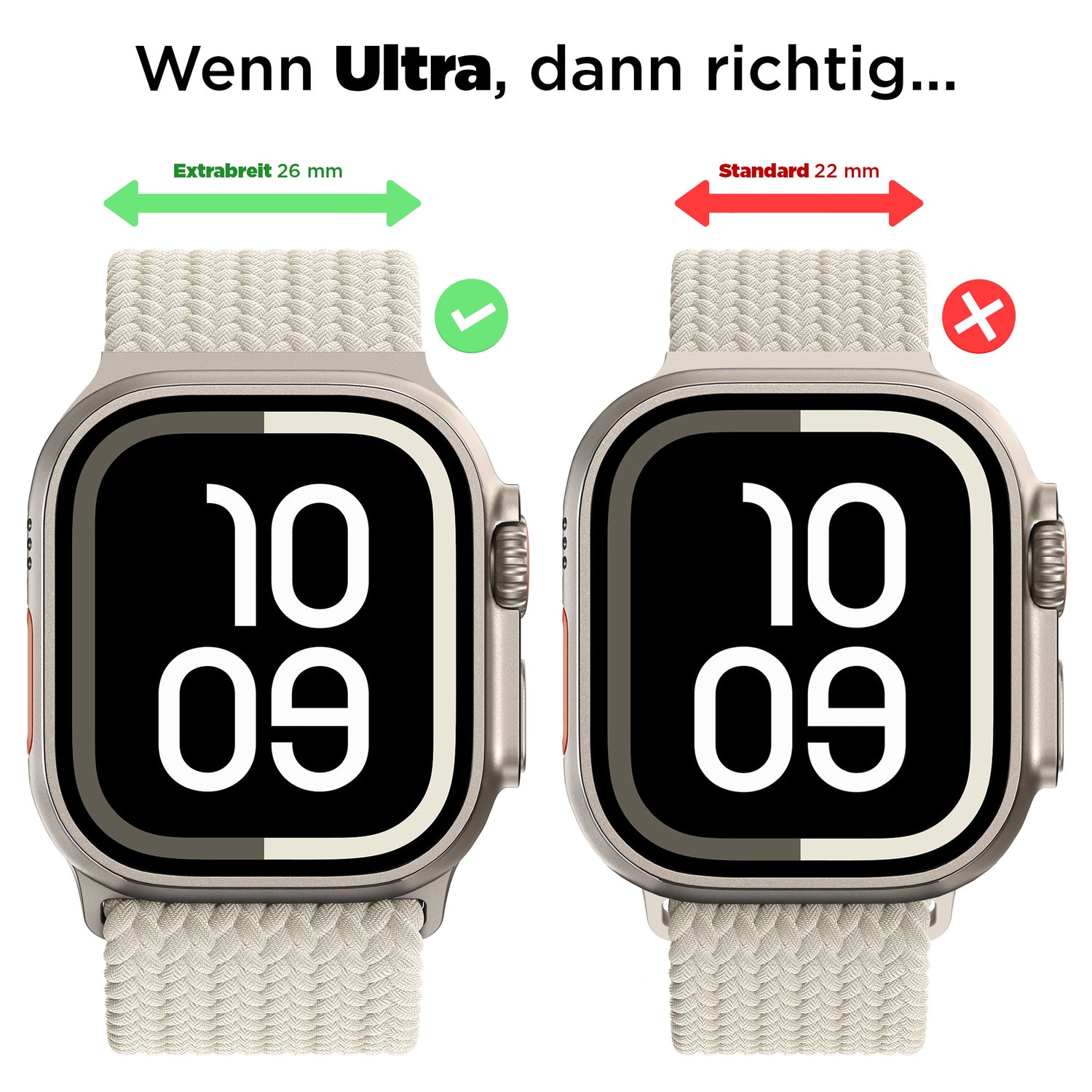 Zwei Smartwatches nebeneinander: links mit dem breiteren 26mm Arktisband Geflochtenes Apple Watch Ultra Armband "Casual" mit Magnetverschluss (grünes Karo), rechts mit einem schmaleren 22mm Band (rotes X). Das Arktisband bietet einen modernen, sicheren Style.