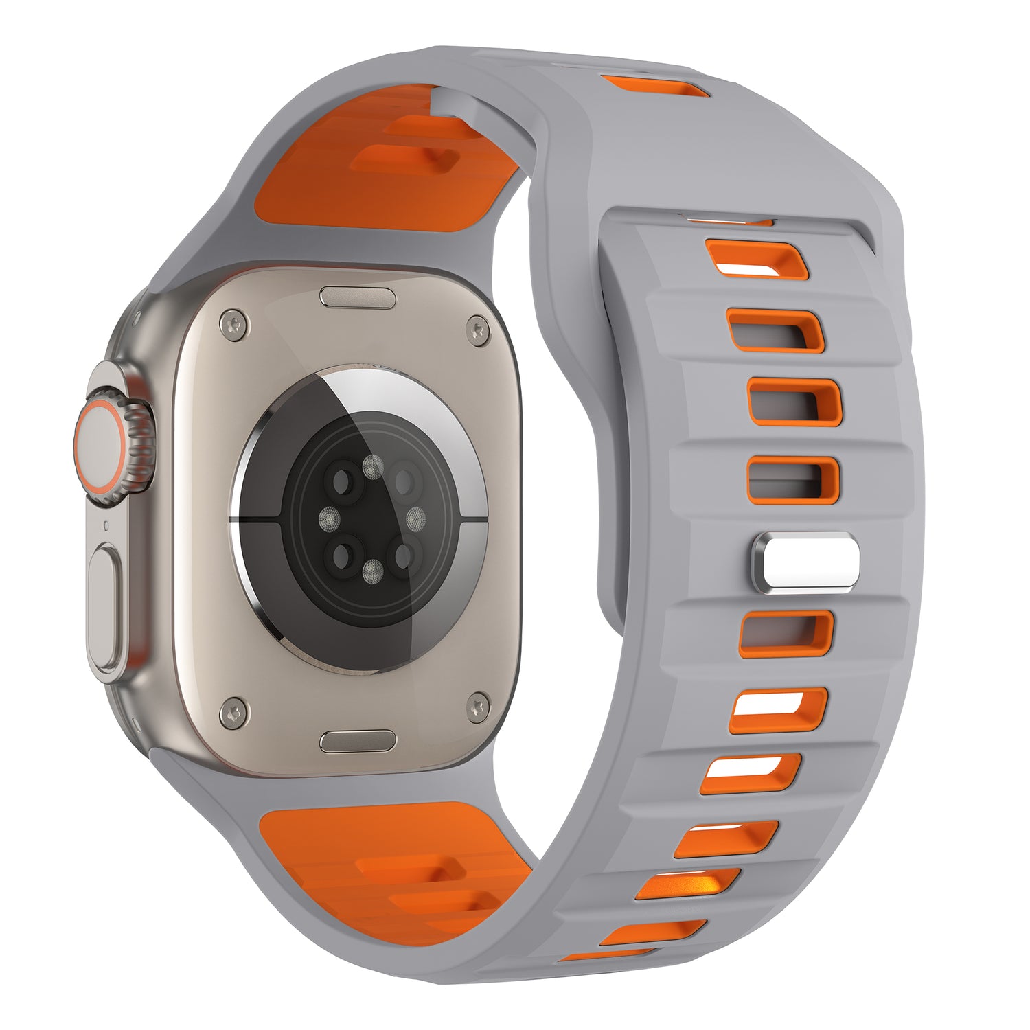 Eine Nahaufnahme des Arktisband Apple Watch Silikonarmbands „Runner“ zeigt sein atmungsaktives Design in Grau und Orange, einen kreisförmigen Sensor auf der Rückseite der Uhr und ein Metallgehäuse mit einer orange akzentuierten digitalen Krone.