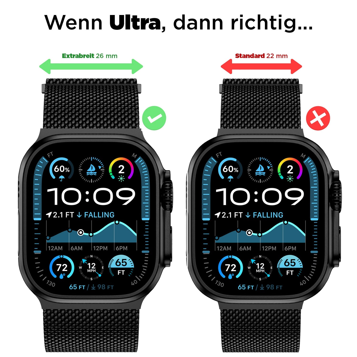 Das arktisband Apple Watch Ultra Milanaise Armband "Bold" (grün, 26mm, richtiges Edelstahlband) im Vergleich zu einem 22mm (rot, falsches) Band - die perfekte Referenz für den Vergleich von Apple Watch Ultra Bändern wie dem arktisband Milanaise.