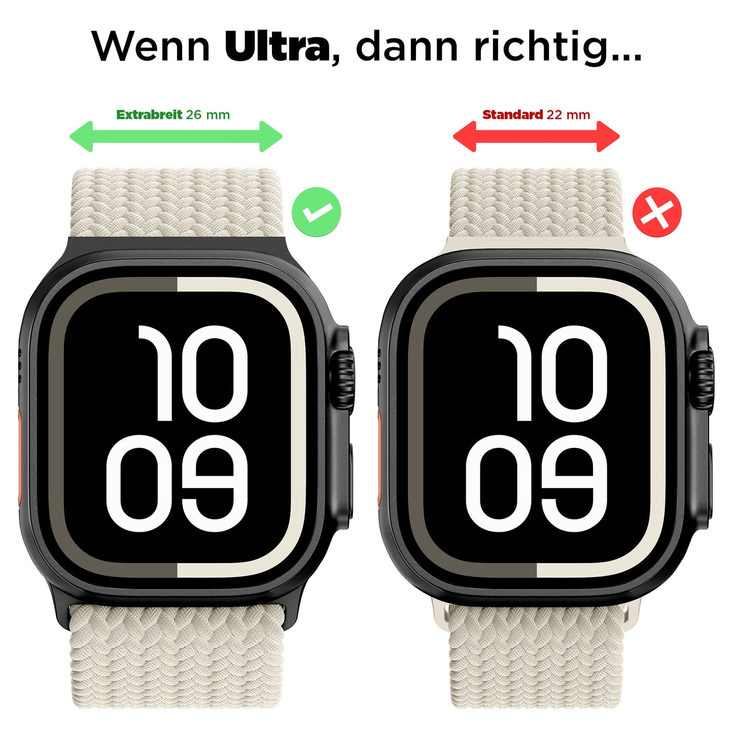 Zwei Smartwatches zeigen extra breite (26mm, links) und normale (22mm, rechts) Bänder - beide sind das arktisband Geflochtenes Apple Watch Ultra Armband "Casual" mit Magnetverschluss von arktisband.