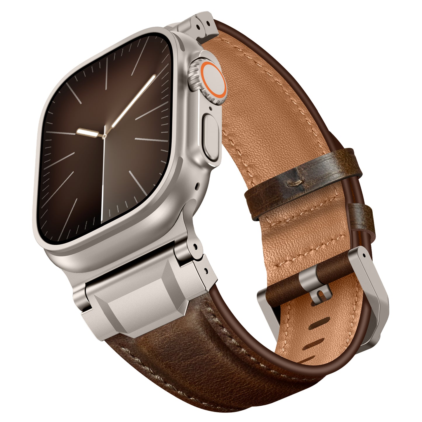 Das arktisband Apple Watch Ultra Lederarmband "Delta" verfügt über ein braunes Lederarmband, ein quadratisches silbernes Gehäuse und zeigt ein analoges Zifferblatt.