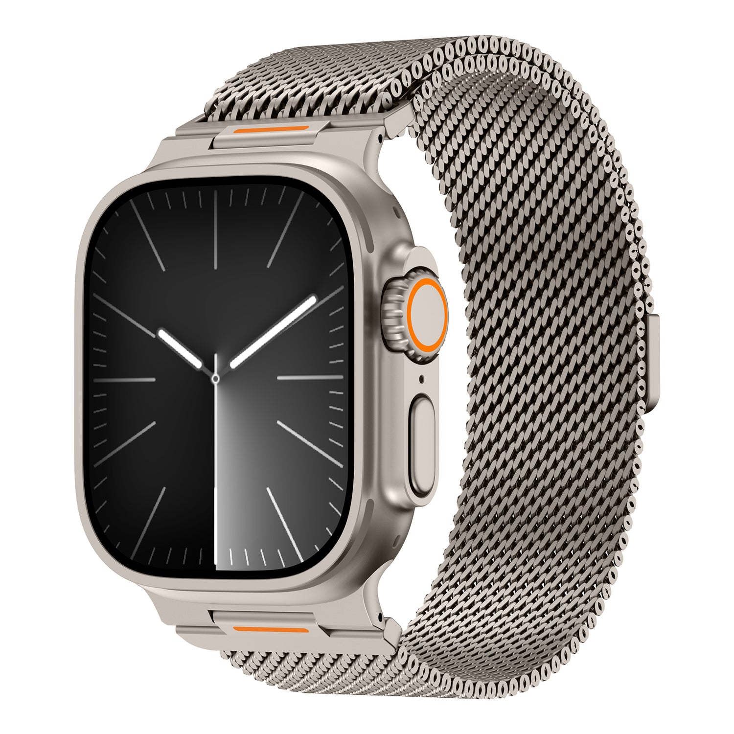 Das arktisband Apple Watch Milanaise Armband "Bold SE" ist ein silbernes Smartwatch-Zubehör mit einem Edelstahl-Meshband und einem schwarzen analogen Ziffernblatt-Display.