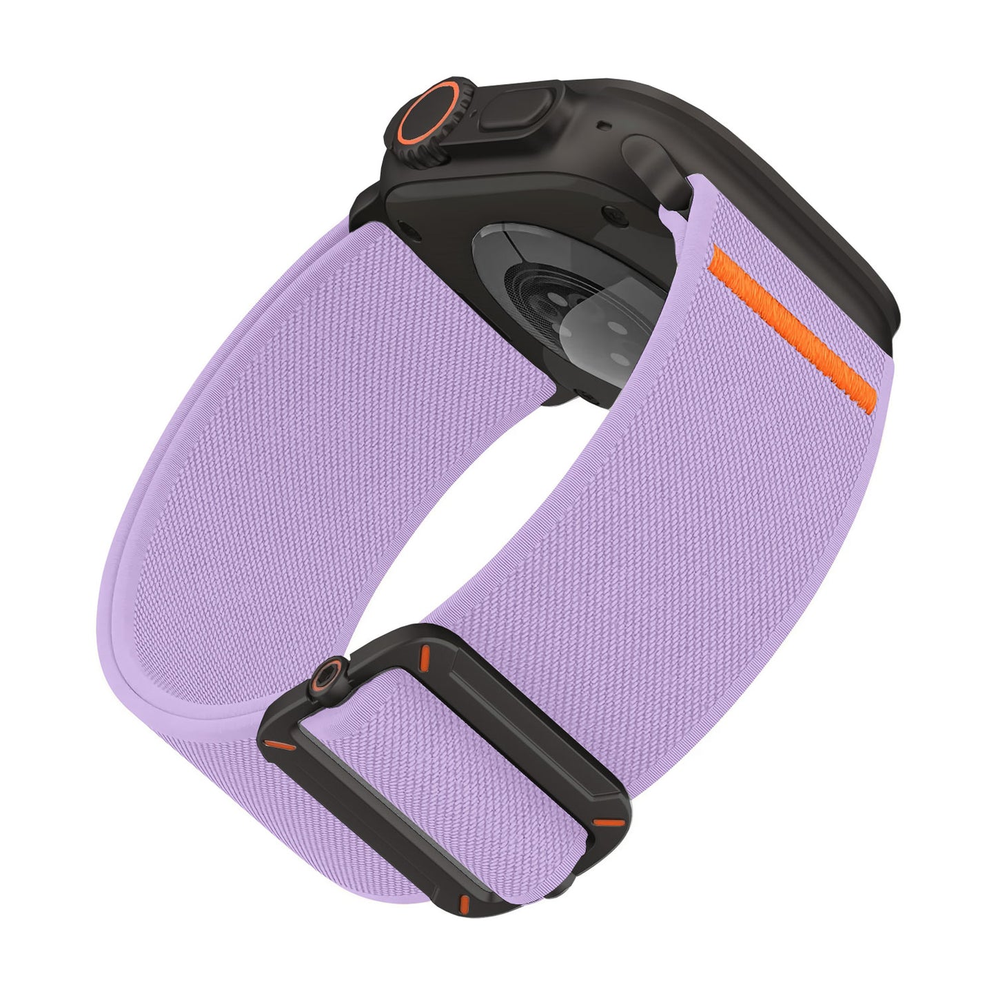Das Arktisband Apple Watch Nylonarmband "FlexOne" in Lavendel mit orangefarbenen Akzenten wird von hinten gezeigt, gepaart mit einer schwarzen Smartwatch.