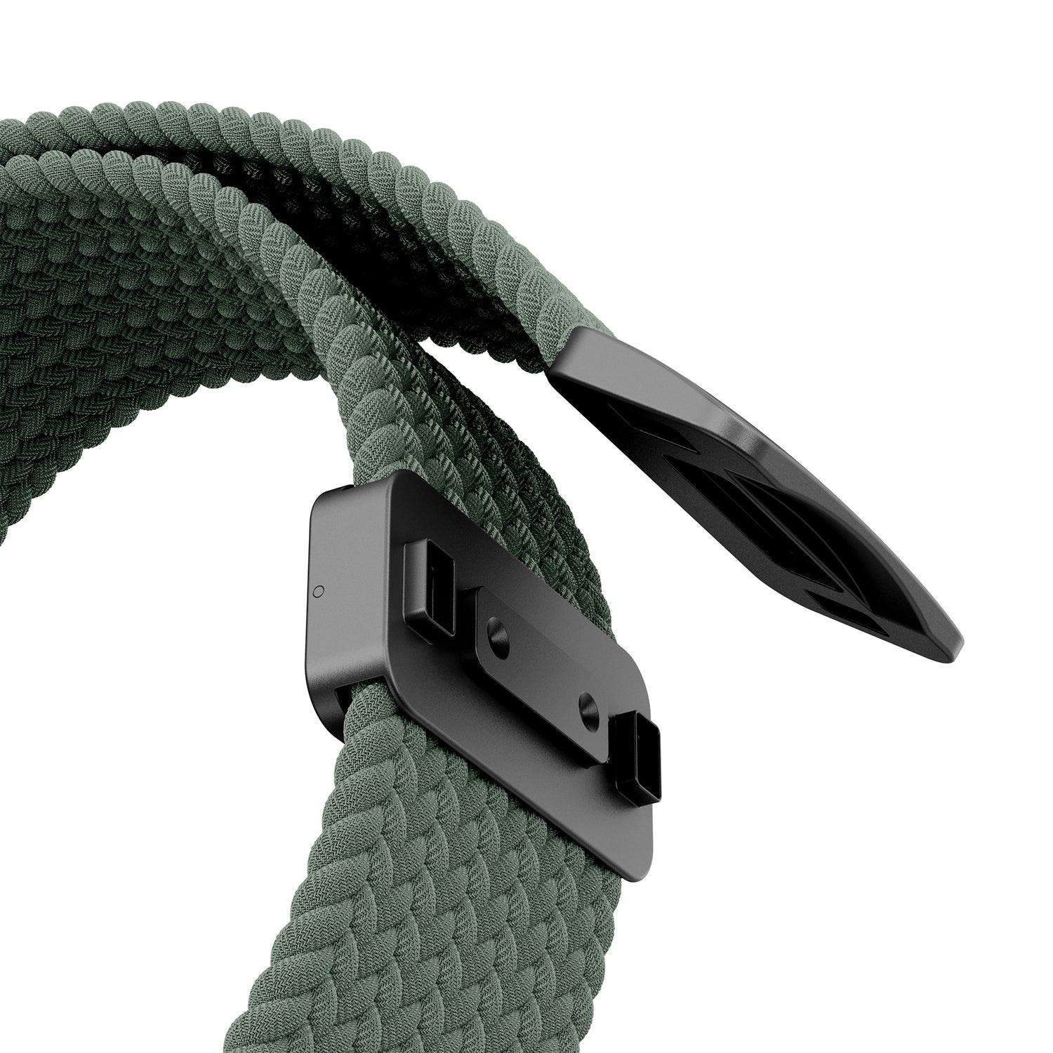 Nahaufnahme des Arktisbandes Geflochtenes Apple Watch Ultra Armband "Casual" mit grünem Flechtdesign, schwarzem Stecker und praktischem Magnetverschluss - ideal für einen stilvollen Alltagslook.