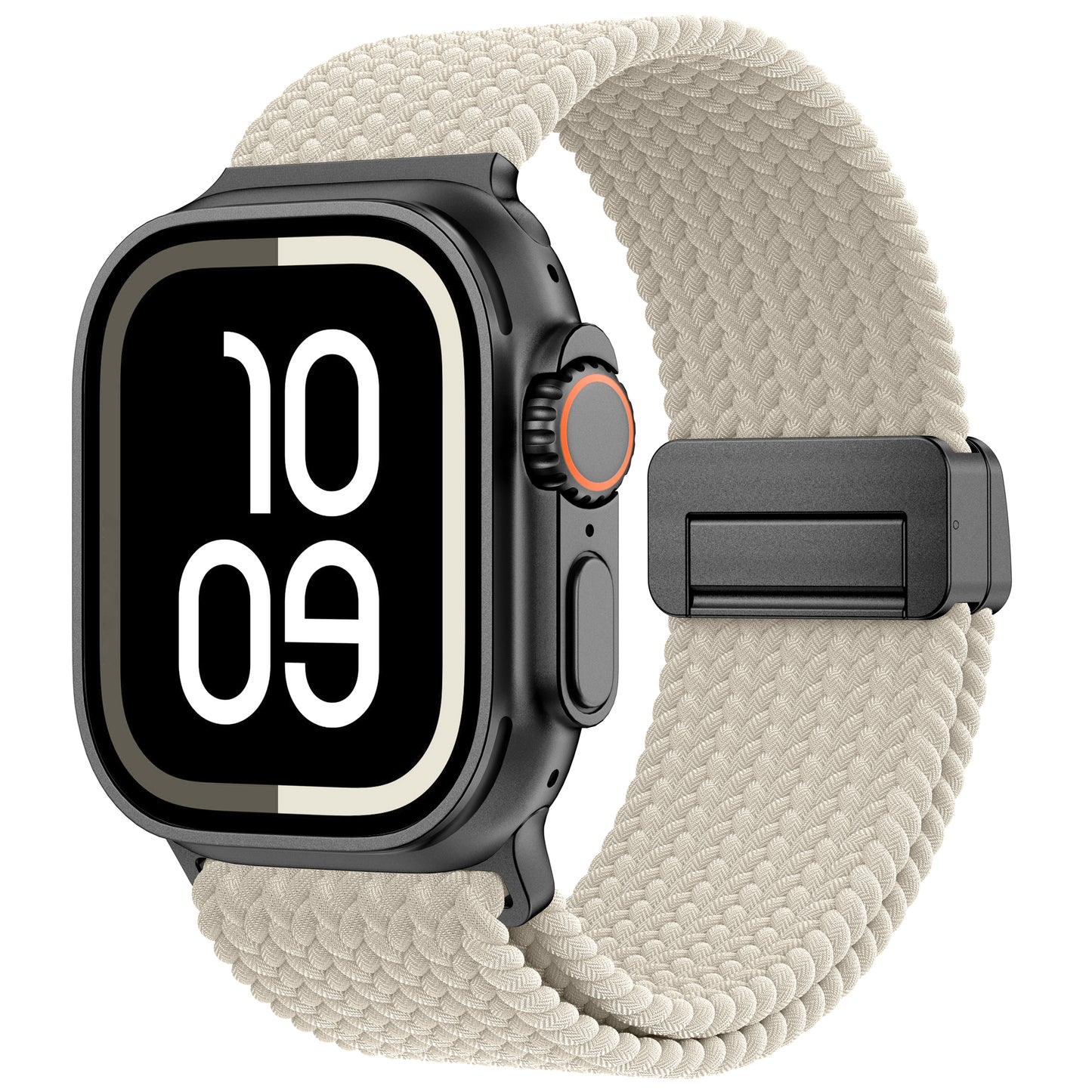 Das arktisband Geflochtenes Apple Watch Ultra Armband "Casual" mit Magnetverschluss, in creme, wird auf einer Smartwatch mit einem großen Display und der Uhrzeit 10:09 angezeigt.