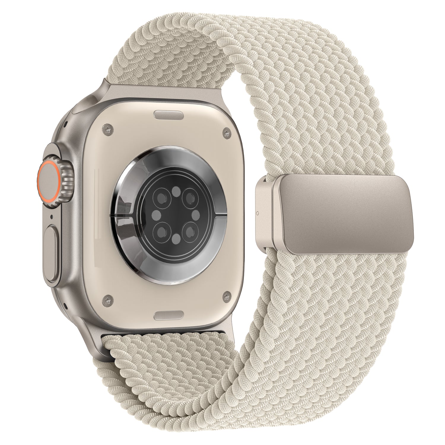 Die Rückansicht des arktisband Geflochtenes Apple Watch Ultra Armband "Casual" in beige mit einem sicheren Magnetverschluss.