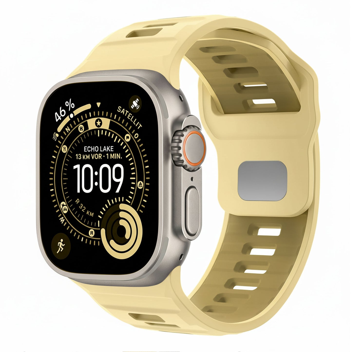 Ein Arktisband Apple Watch Silikonarmband "Runner" in gelb ist auf einer Smartwatch abgebildet, die auf ihrem Display die Uhrzeit 10:09 sowie verschiedene Fitness- und Navigationsdaten anzeigt.
