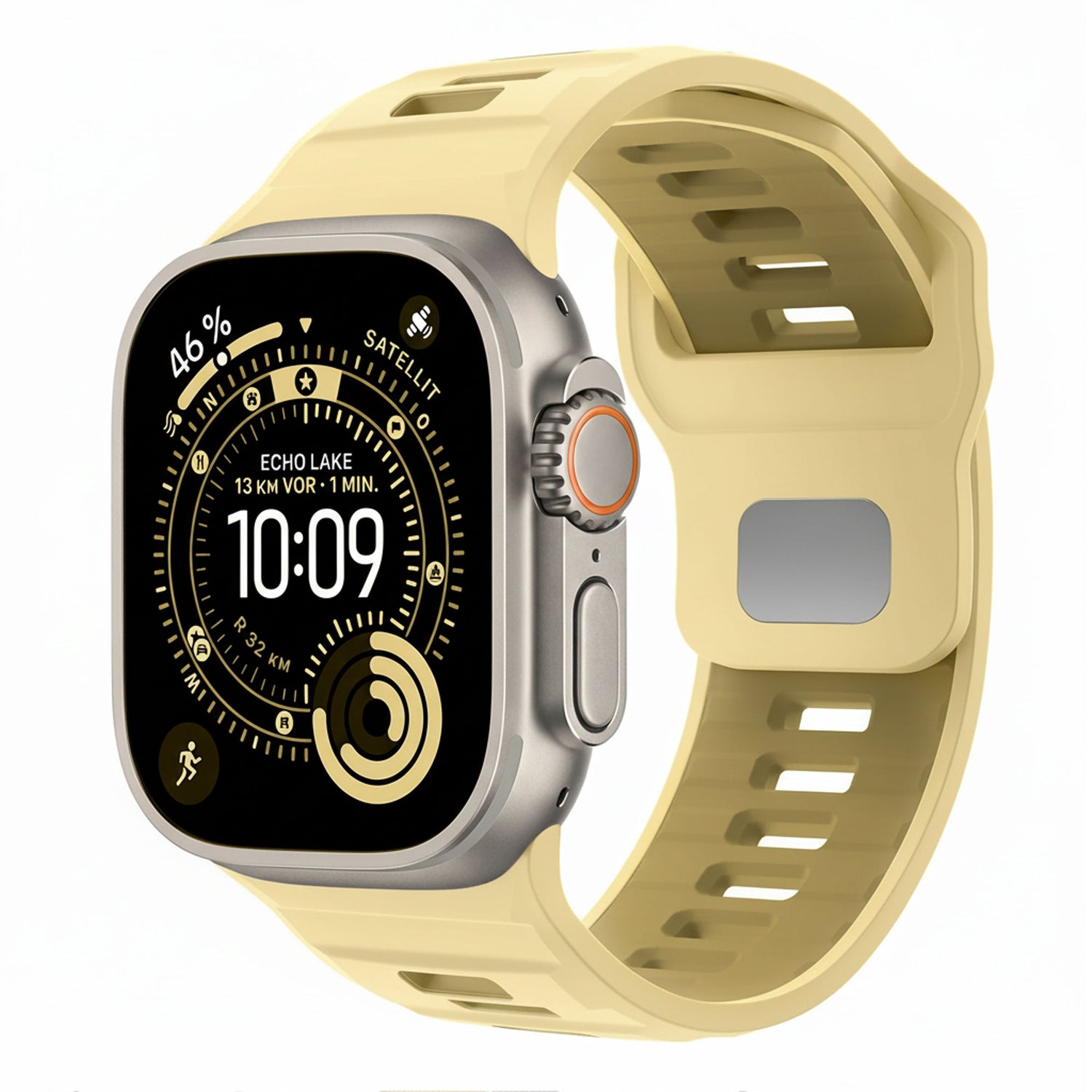 Ein Arktisband Apple Watch Silikonarmband "Runner" in gelb ist auf einer Smartwatch abgebildet, die auf ihrem Display die Uhrzeit 10:09 sowie verschiedene Fitness- und Navigationsdaten anzeigt.