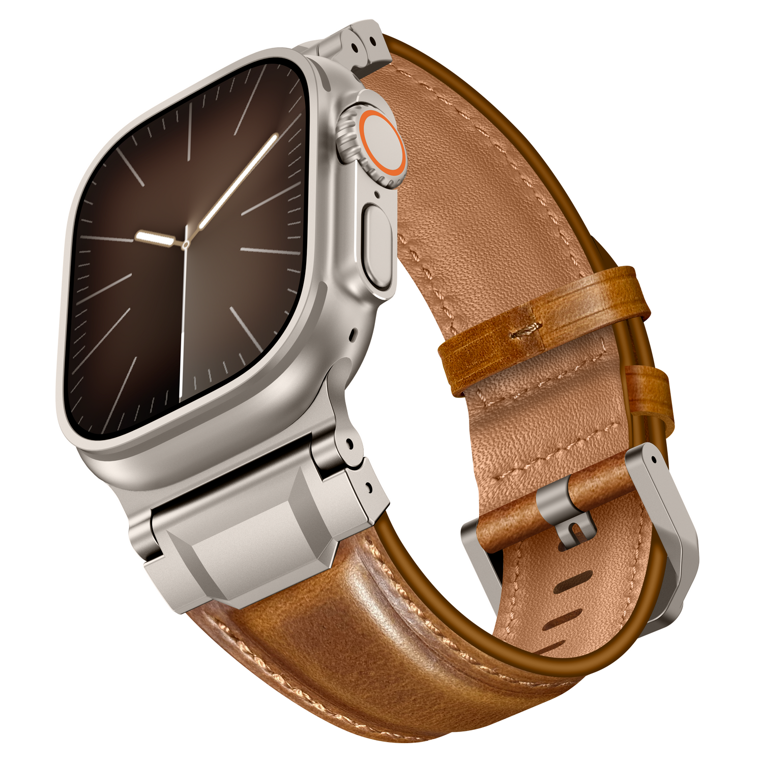 Das arktisband Apple Watch Ultra Lederarmband "Delta" kombiniert eine silberne Smartwatch mit einem minimalistischen schwarzen Zifferblatt und dem braunen Lederarmband Delta von arktisband.