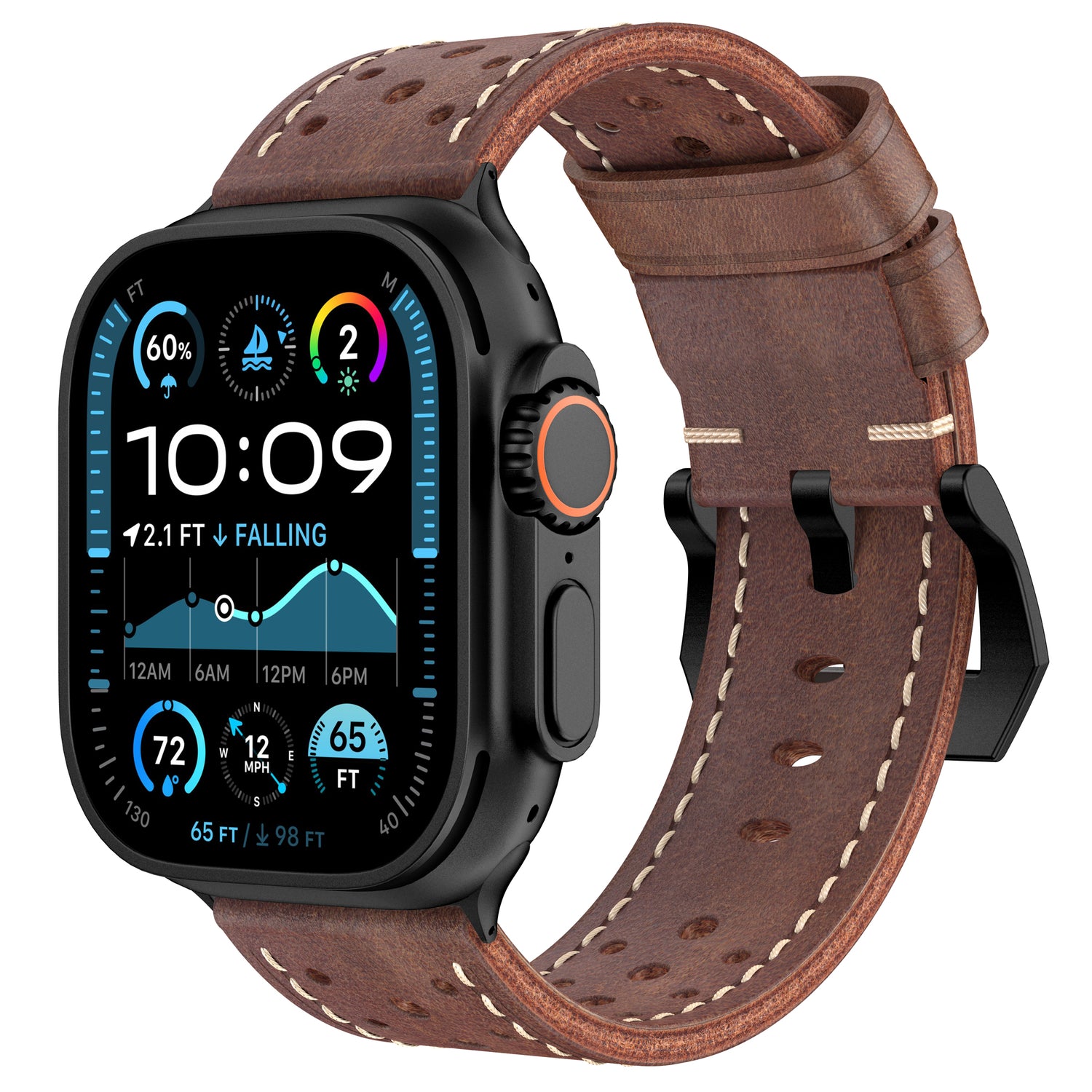 Das arktisband Apple Watch Lederarmband "Toronto" kombiniert einen Vintage-Look mit braunem Leder und atmungsaktiven Perforationen und passt perfekt zu Ihrer Apple Watch für die stilvolle Anzeige von Gesundheits- und Wetterdaten.