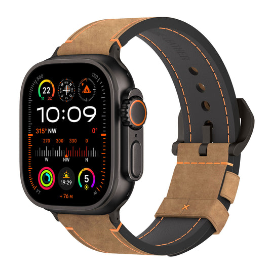 Die arktisband Apple Watch Ultra PALERMO GRANDE verfügt über ein großes rechteckiges Display mit Uhrzeit, Kompass und Aktivitätsstatistiken, gepaart mit einem Vintage-Lederarmband mit orangefarbenen Nähten und einem mattschwarzen 316L-Edelstahlgehäuse für Stil und Haltbarkeit.