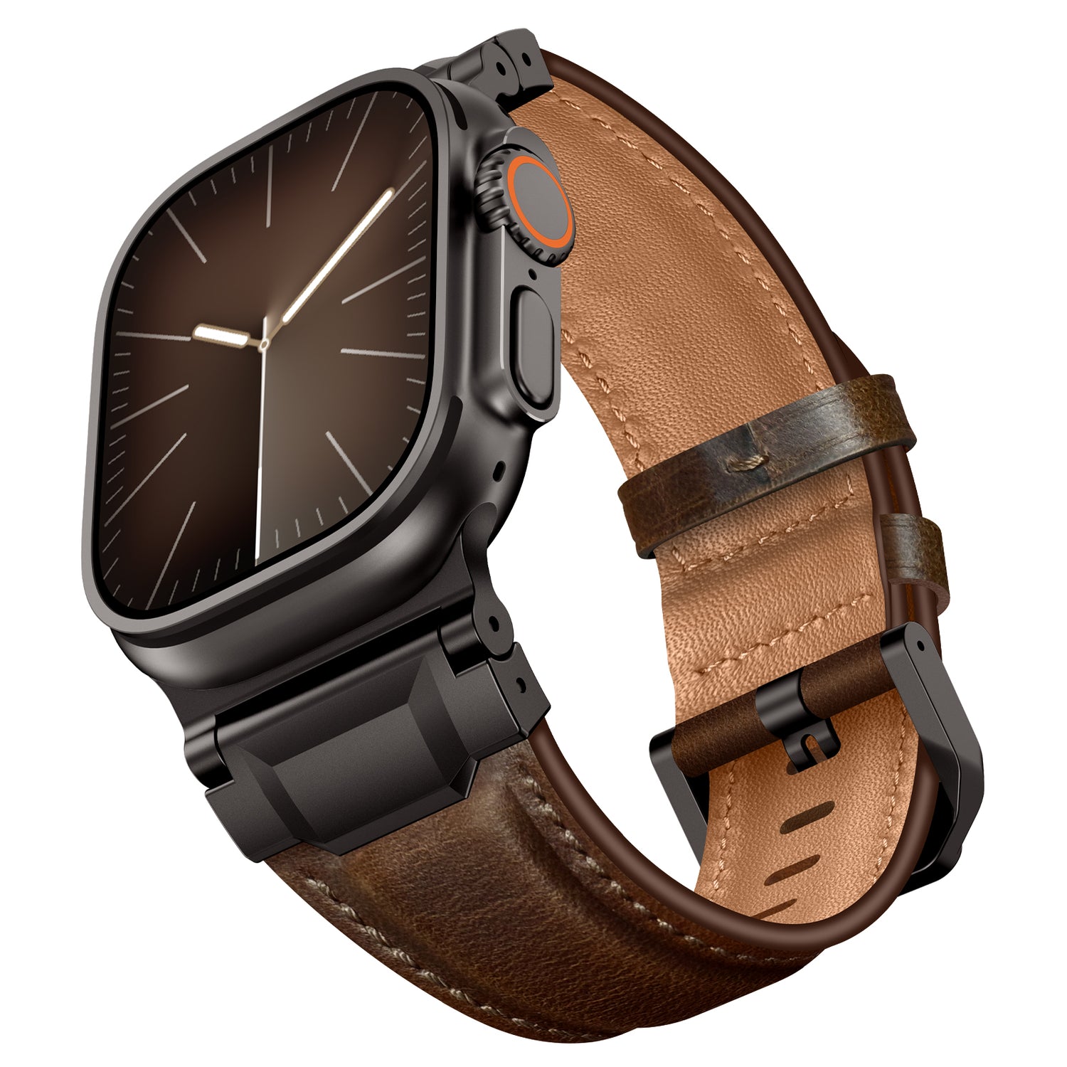 Das Arktisband Apple Watch Ultra Lederarmband "Delta" zeichnet sich durch ein braunes Lederarmband und einen dunklen Bildschirm aus, der schräg auf einem weißen Hintergrund angezeigt wird.