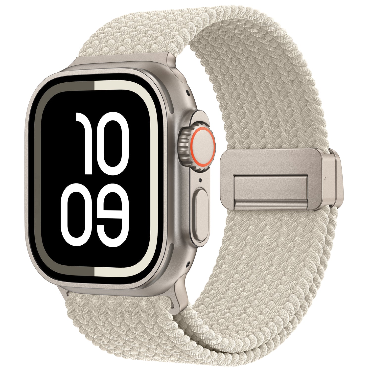 Das arktisband Geflochtenes Apple Watch Ultra Armband "Casual" mit Magnetverschluss in beige wird auf einer Smartwatch gezeigt, die 10:09 mit fetten weißen Zahlen auf einem schwarzen Bildschirm anzeigt.