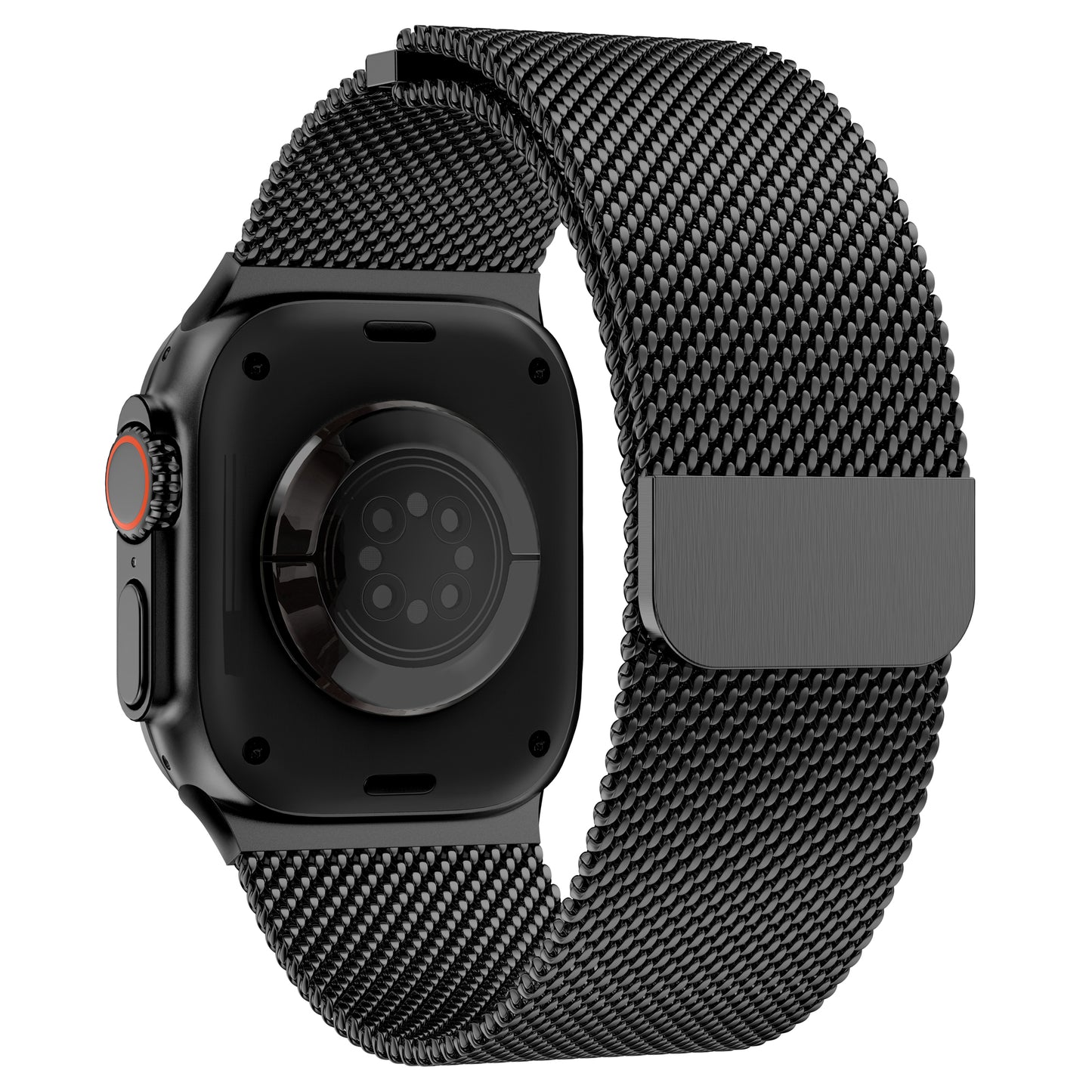 Das arktisband Apple Watch Ultra Milanaise Armband "Bold" verfügt über ein Edelstahl-Milanaiseband mit Magnetverschluss, dargestellt von hinten mit Sensoren; kompatibel als Apple Watch Ultra Armband.