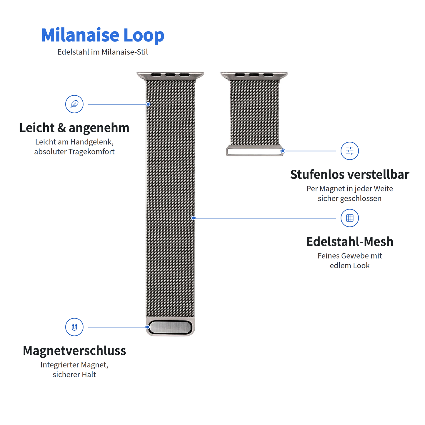 Arktisband Apple Watch Milanaise Loop: Silbernes Gliederarmband mit Magnetverschluss, Produktbeschreibung auf Deutsch.
