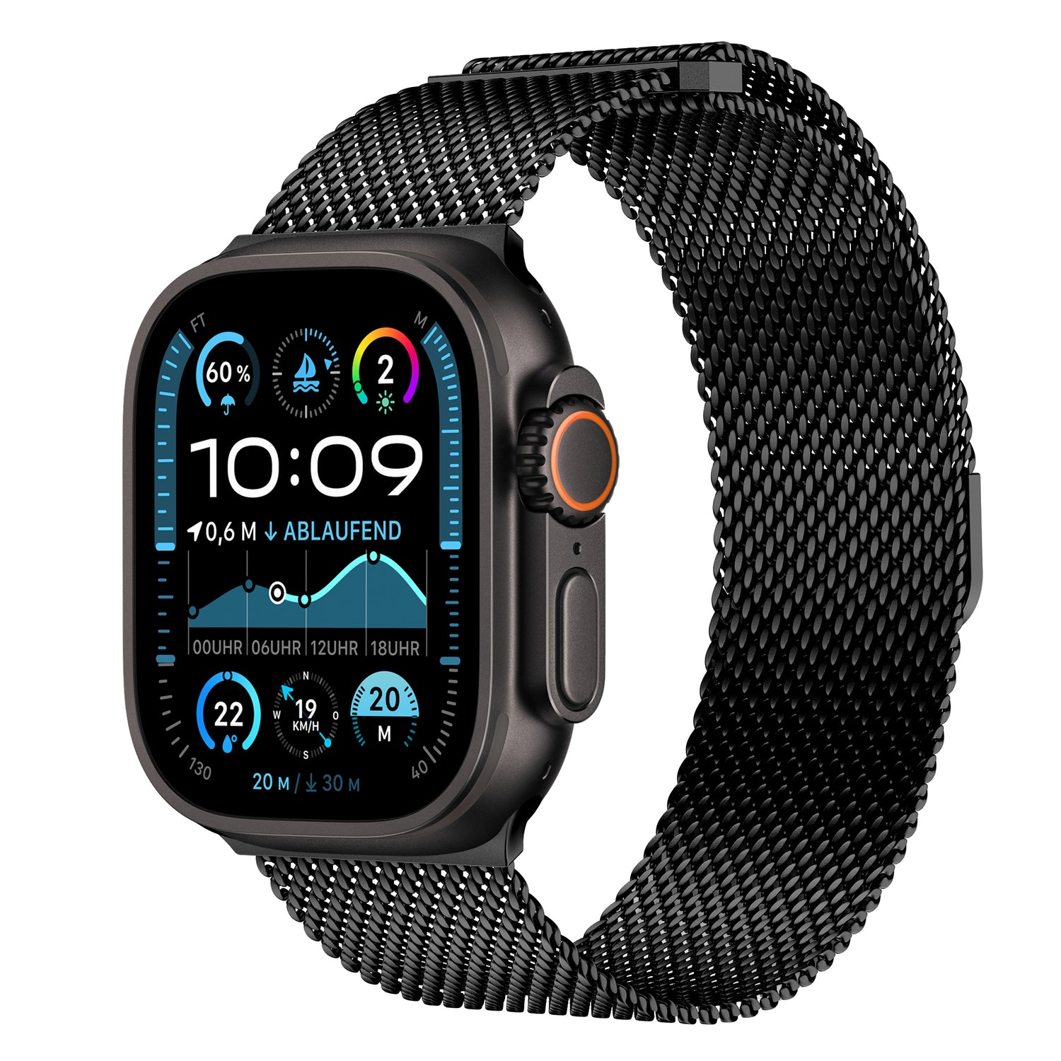 Das arktisband Apple Watch Ultra Milanaise Armband "Bold" ist eine schwarze Smartwatch mit einem stylischen Mesh-Edelstahlband, die neben der Uhrzeit auch Fitness- und Wetterdaten auf ihrem Display anzeigt.