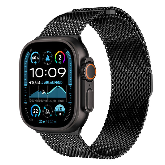 Das arktisband Apple Watch Ultra Milanaise Armband "Bold" ist eine schwarze Smartwatch mit einem stylischen Mesh-Edelstahlband, die neben der Uhrzeit auch Fitness- und Wetterdaten auf ihrem Display anzeigt.