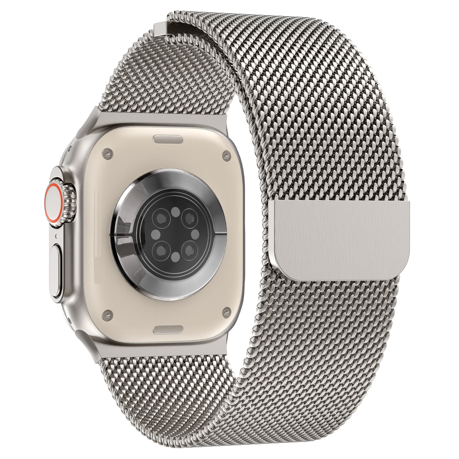 Rückansicht des Arktisbandes Apple Watch Ultra Milanaise Armband "Bold" in silbernem Mesh mit sicherem Magnetverschluss und sichtbaren Ringsensoren auf der Unterseite.
