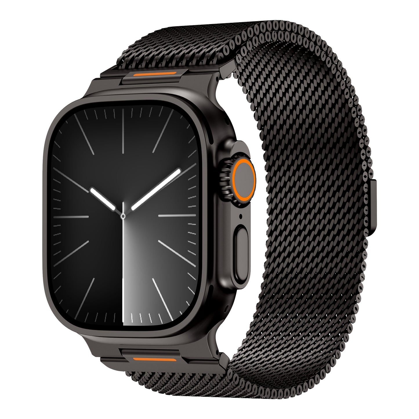 Ein schwarzes Arktisband Apple Watch Milanaise Armband "Bold SE" umrahmt elegant eine quadratische Smartwatch, auf der die Uhrzeit angezeigt wird.