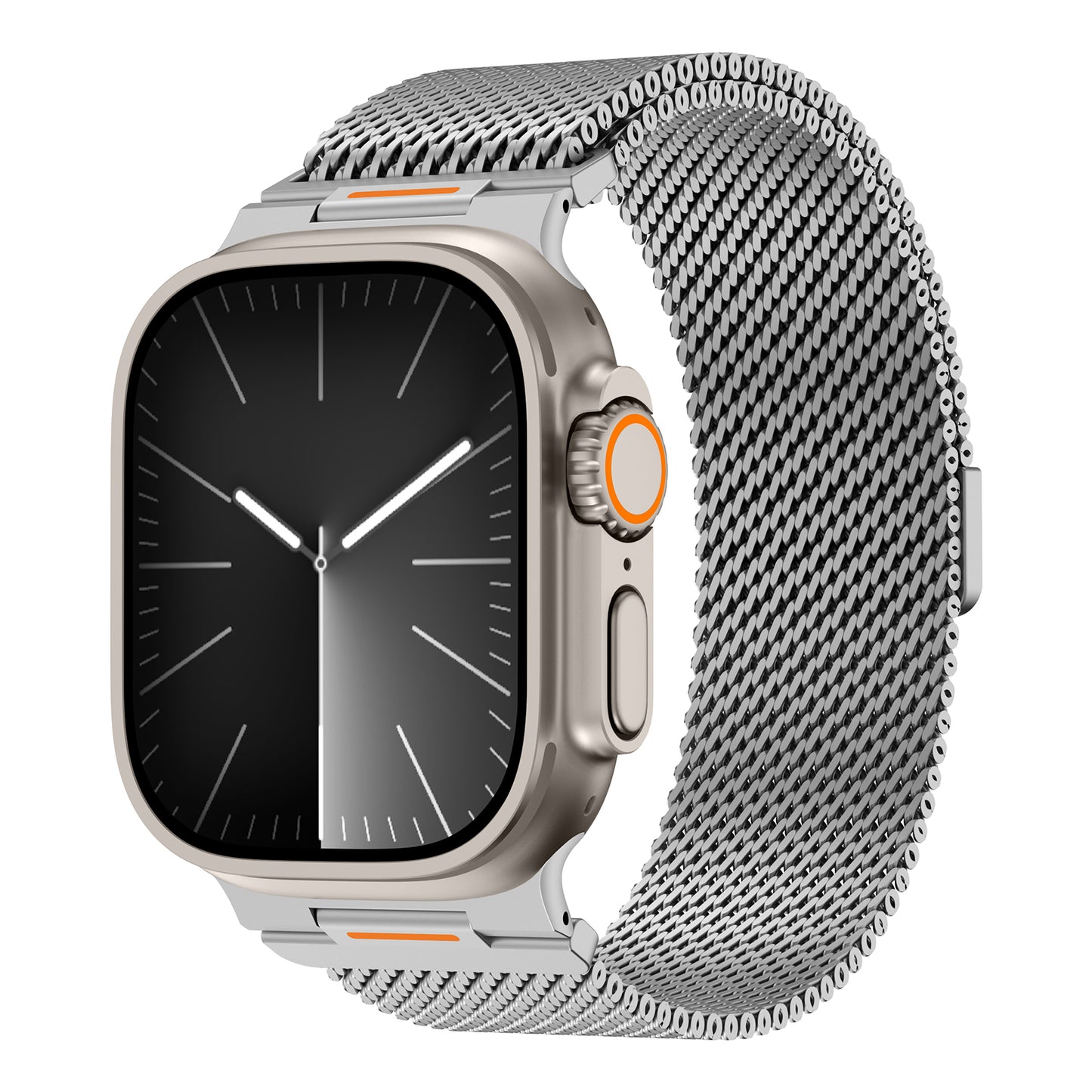 Das arktisband Apple Watch Milanaise-Armband "Bold SE" von arktisband besticht durch sein elegantes silbernes Design mit einem Mesh-Band aus Metall, einem schwarzen Analog-Display und weißen Zeigern - perfekt, um der Sonderedition einen besonderen Touch zu verleihen.