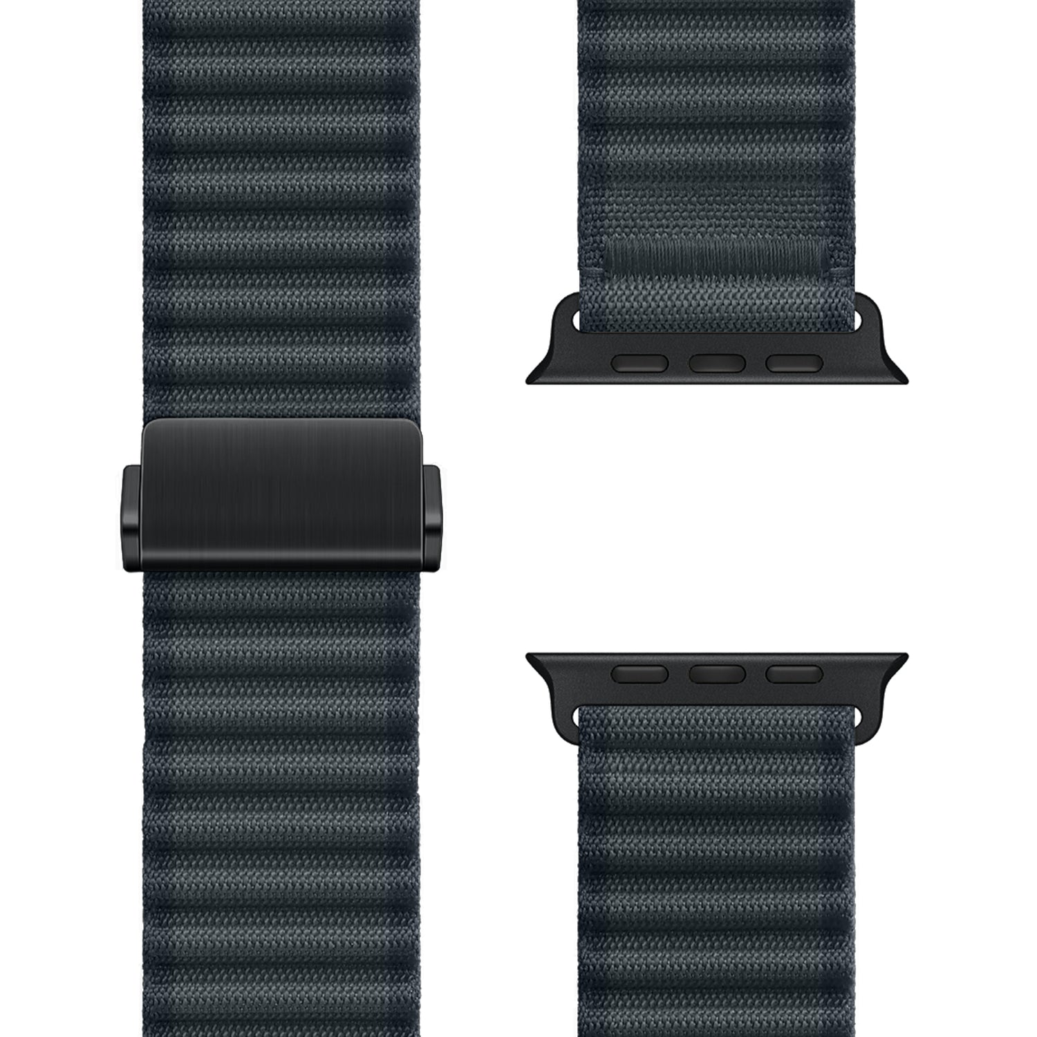 Das arktisband Apple Watch Nylonarmband „Venture“ besticht durch ein dunkel strukturiertes Design, strapazierfähiges Nylonmaterial, einen Magnetverschluss und schwarze Anschlüsse – ideal für stilbewusste Outdoor-Enthusiasten, die ein robustes Apple Watch-Armband suchen.
