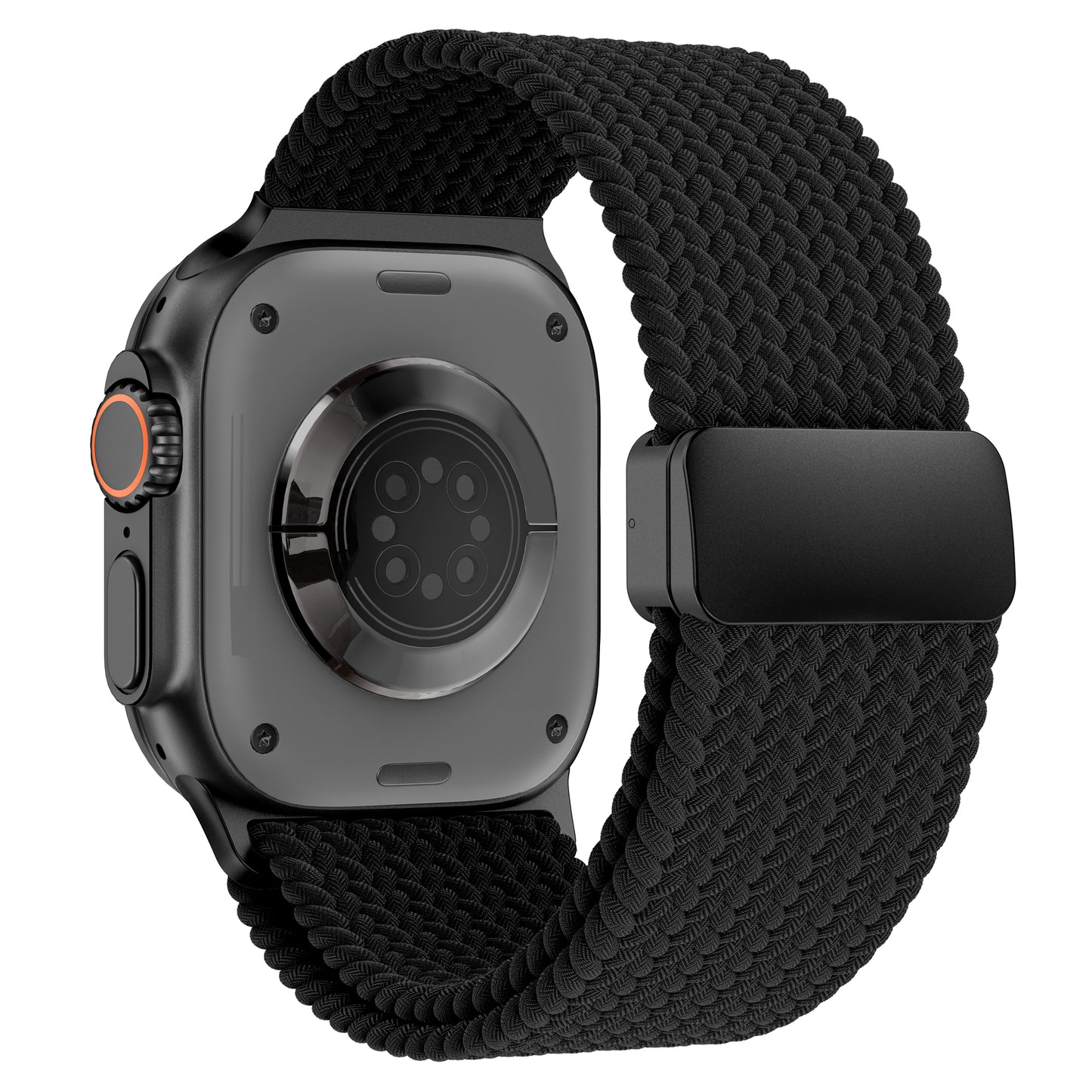 Das arktisband Geflochtenes Apple Watch Ultra Armband "Casual" mit Magnetverschluss ist in Schwarz abgebildet und hebt sein geflochtenes Design, die Sensoren und den Magnetverschluss von der Rückseite hervor.
