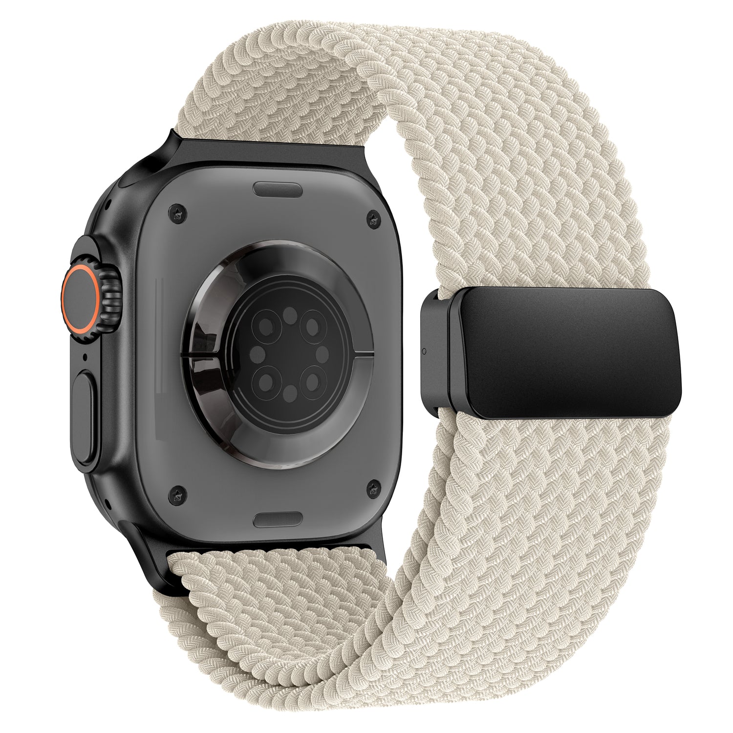 Das arktisband Geflochtenes Apple Watch Ultra Armband "Casual" in Creme mit elegantem Magnetverschluss ist auf einer Smartwatch mit schwarzem Gehäuse abgebildet, von hinten gesehen.