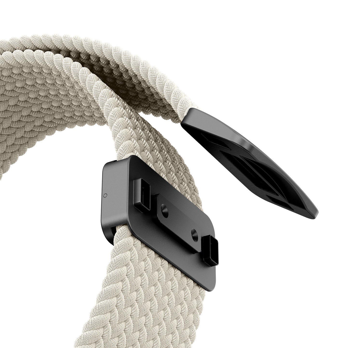 Nahaufnahme des Arktisbandes Geflochtenes Apple Watch Ultra Armband "Casual" in beige mit schwarzem Metallstecker und Magnetverschluss.
