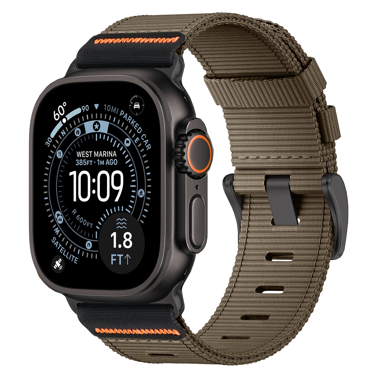 Das arktisband Apple Watch Armband "Terra" von arktisband verfügt über ein extrabreites Nylonarmband für den robusten Einsatz und ein rundes digitales Display, das die Zeit und Aktivitätsstatistiken anzeigt.