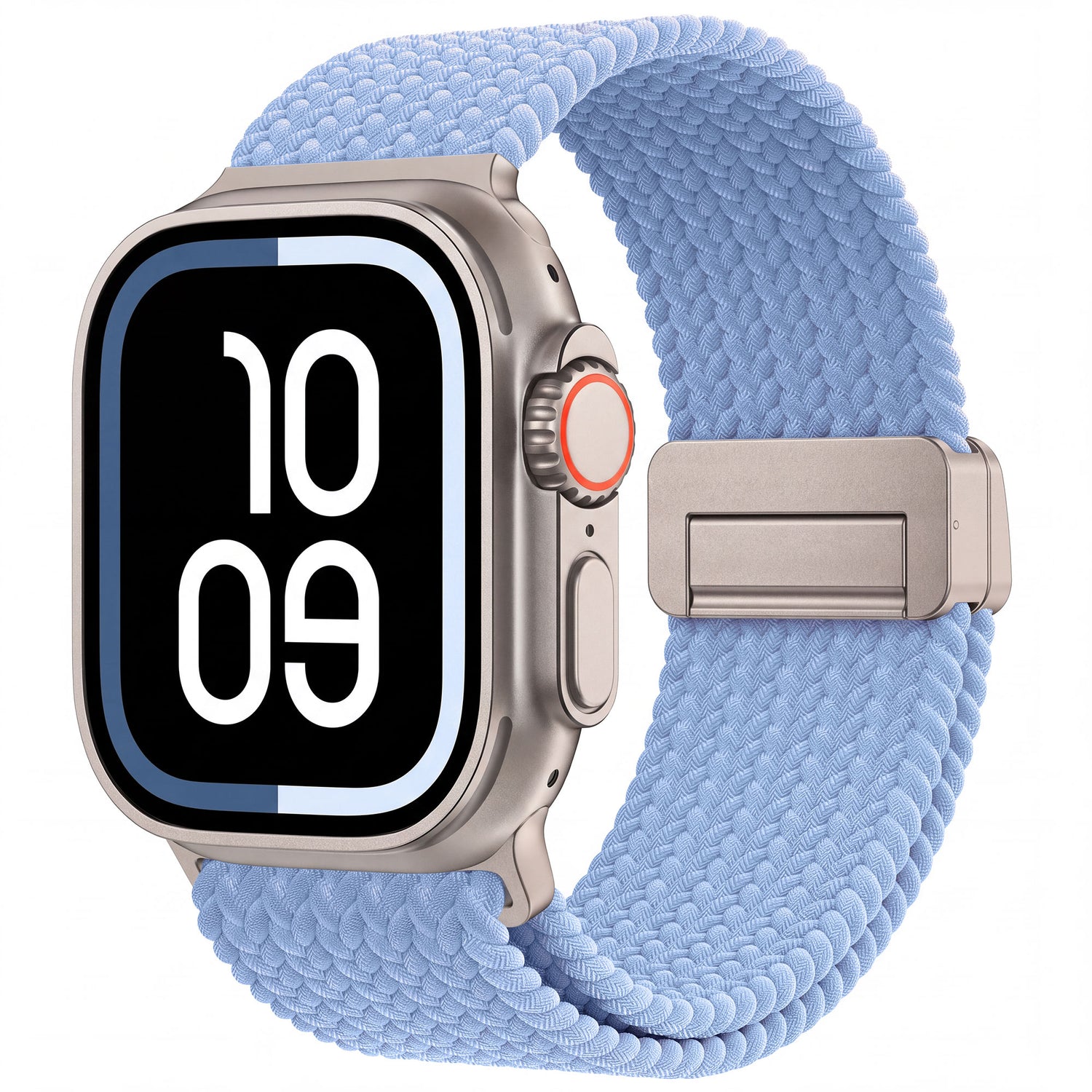 Das arktisband „Geflochtenes“ Apple Watch Ultra-Armband „Casual“ mit Magnetverschluss von arktisband ist hier in Hellblau abgebildet und an einer Smartwatch mit großem Display befestigt, auf dem die Uhrzeit 10:09 angezeigt wird.