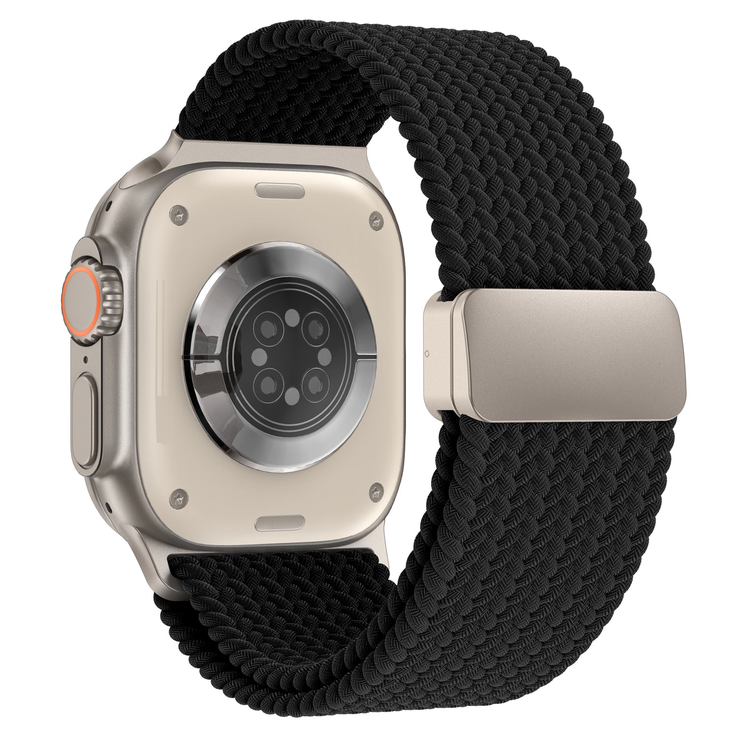 Das arktisband Geflochtenes Apple Watch Ultra Armband "Casual" mit Magnetverschluss in schwarz wird von der Rückseite gezeigt, wobei die Sensoren und das Metallgehäuse hervorgehoben werden.