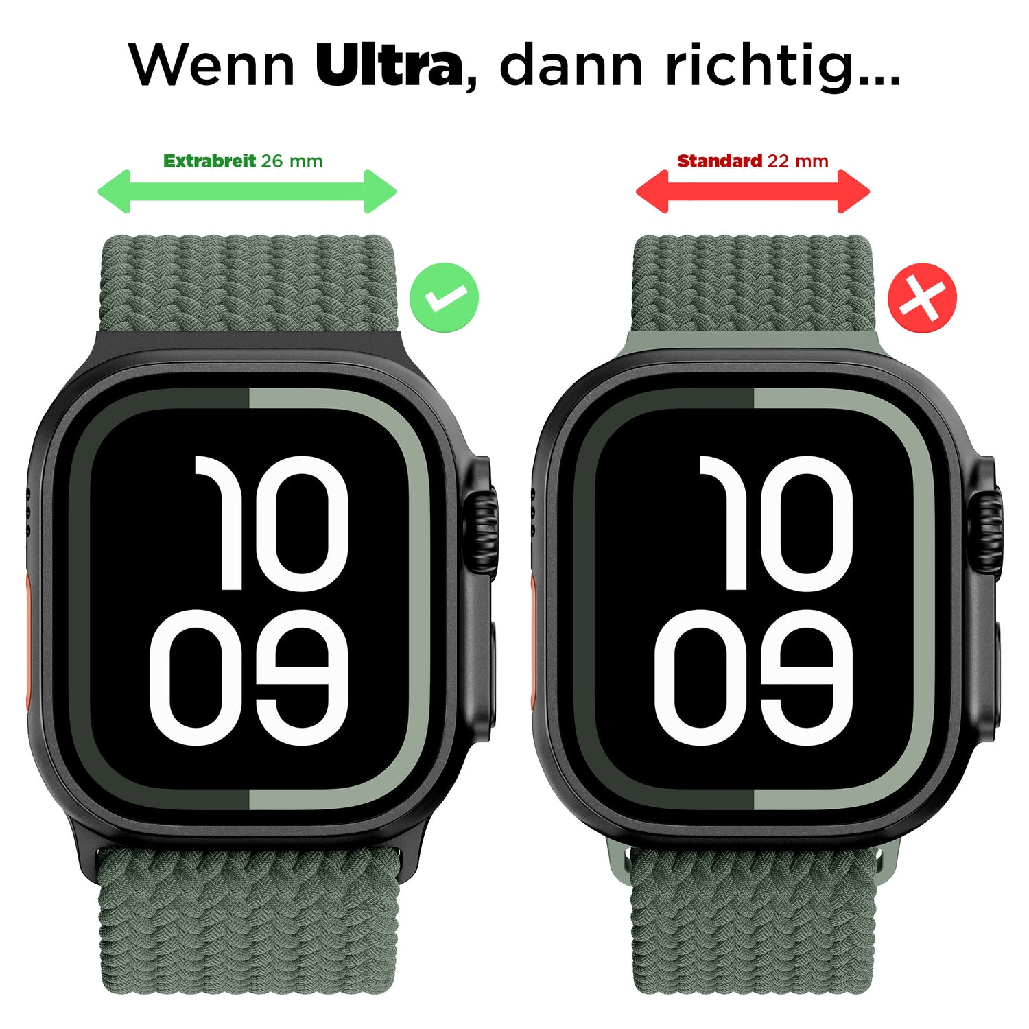 Zwei Smartwatches mit grünem Band: links das arktisband Geflochtenes Apple Watch Ultra Armband "Casual" (26mm, Häkchen) mit robustem Polyestergarn; rechts ein schmaleres (22mm, X) Band mit einem weniger robusten Design.