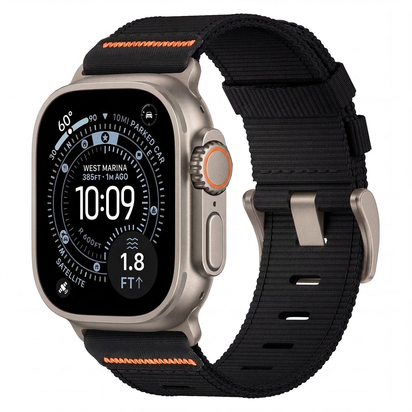 Das arktisband Apple Watch Armband "Terra" ist eine silberne Smartwatch mit schwarzem Band, die Zeit, Wetter und Fitness-Statistiken auf ihrem runden digitalen Display anzeigt.