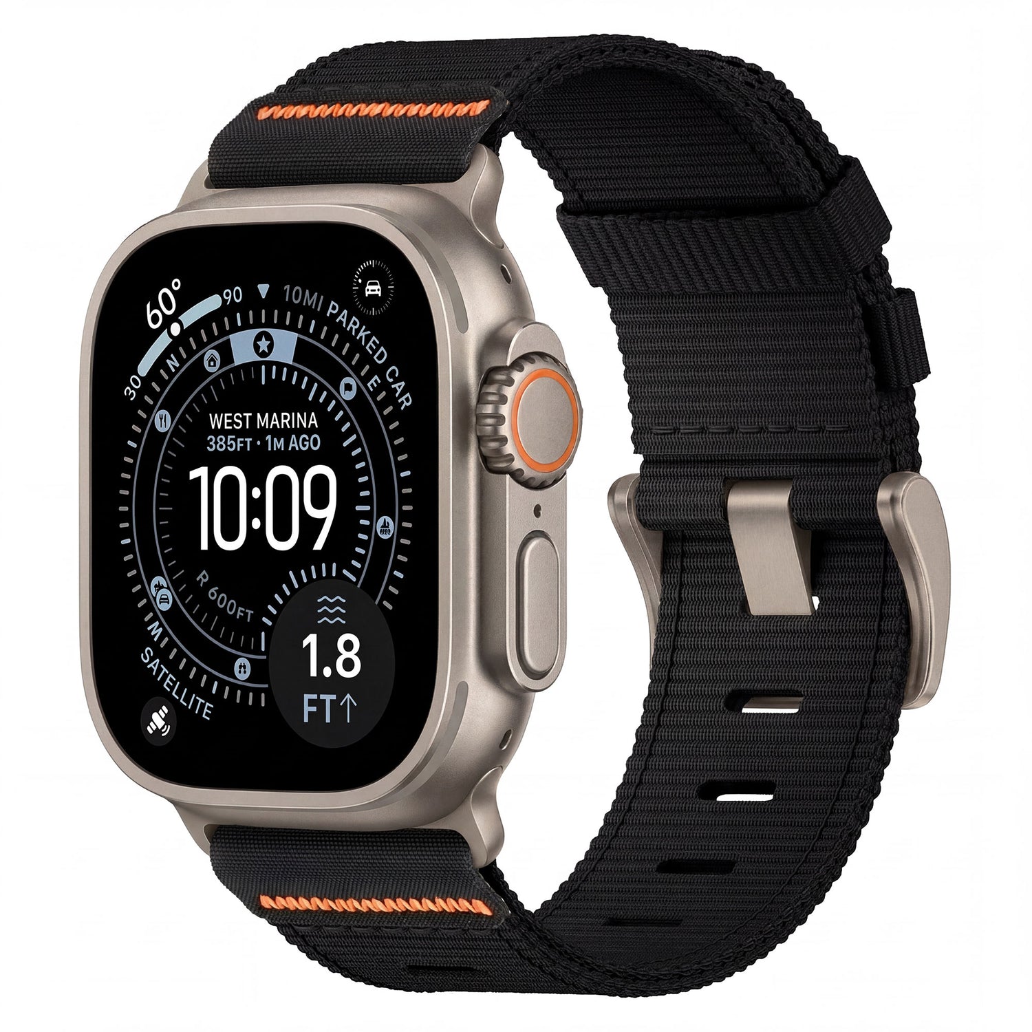 Das arktisband Apple Watch Armband "Terra" ist eine silberne Smartwatch mit schwarzem Band, die Zeit, Wetter und Fitness-Statistiken auf ihrem runden digitalen Display anzeigt.