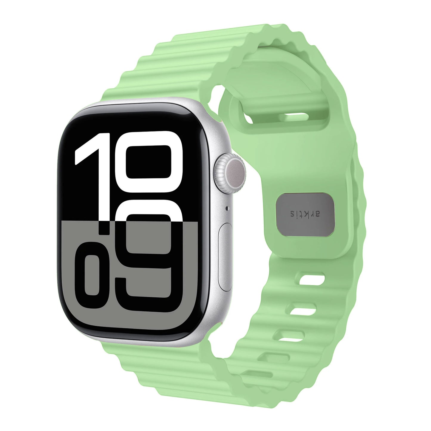 Das arktisband Apple Watch Sportarmband "Motion" verfügt über eine große Digitalanzeige und ein hellgrünes, strukturiertes Fluorelastomer-Band von arktisband für Komfort und Haltbarkeit.