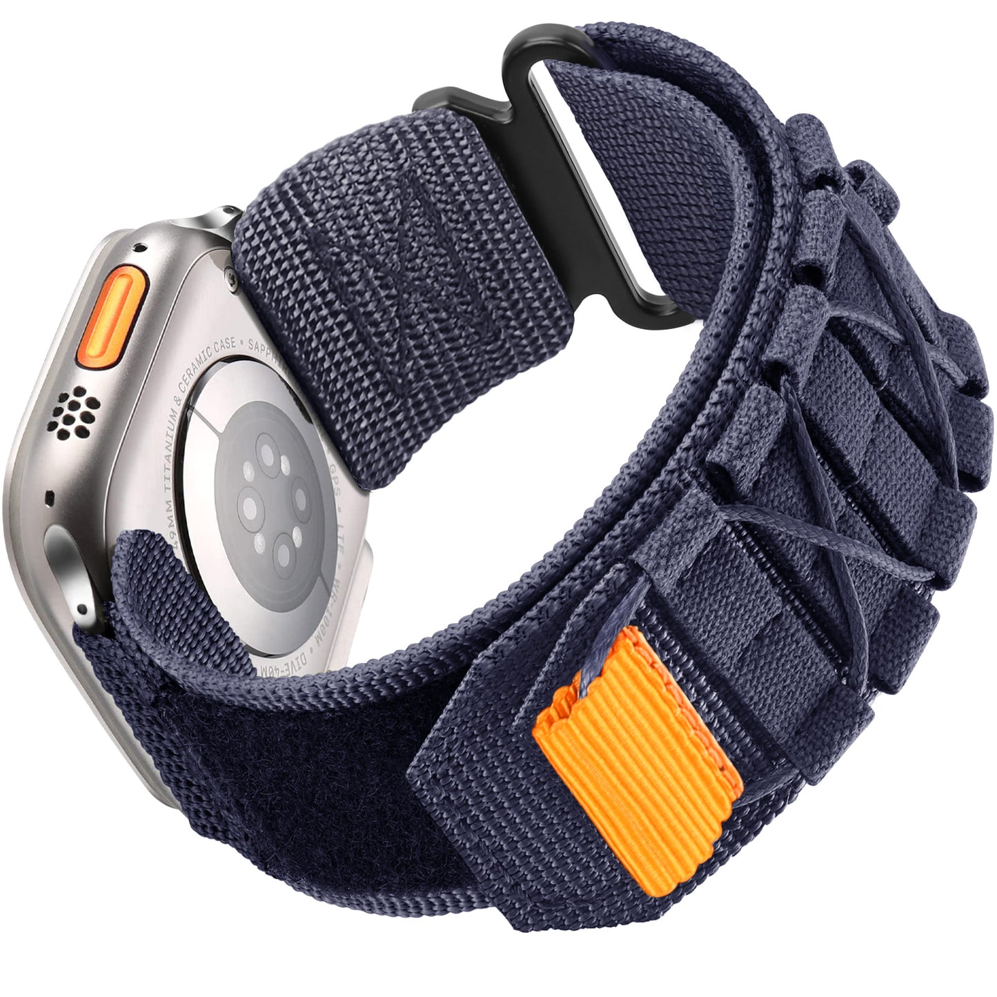 Nahaufnahme des arktisband Apple Watch Outdoor Armbands "Forge" von arktisband mit dunkelblauem Nylonband mit orangefarbenen Akzenten - ideal für alle, die ein robustes, stylisches Apple Watch Armband suchen.