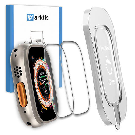 Eine Smartwatch mit MR PROTECT CRYSTAL CLEAR Displayschutz GLAS für Apple Watch Ultra 49 mm (2er Set), gehärtetem Glas, oleophober Beschichtung, Installationstool und Arktis Markenverpackung.