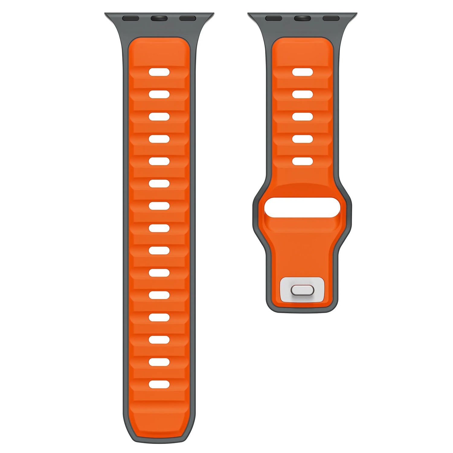 Zwei orange-graue Arktisband-Bänder für die Apple Watch Silikonarmbänder „Swift“ werden nebeneinander gezeigt, eines länger und eines kürzer, beide mit rechteckigen Löchern für einen schweißabsorbierenden und atmungsaktiven Sitz und einem Metallverschluss am kürzeren Band.