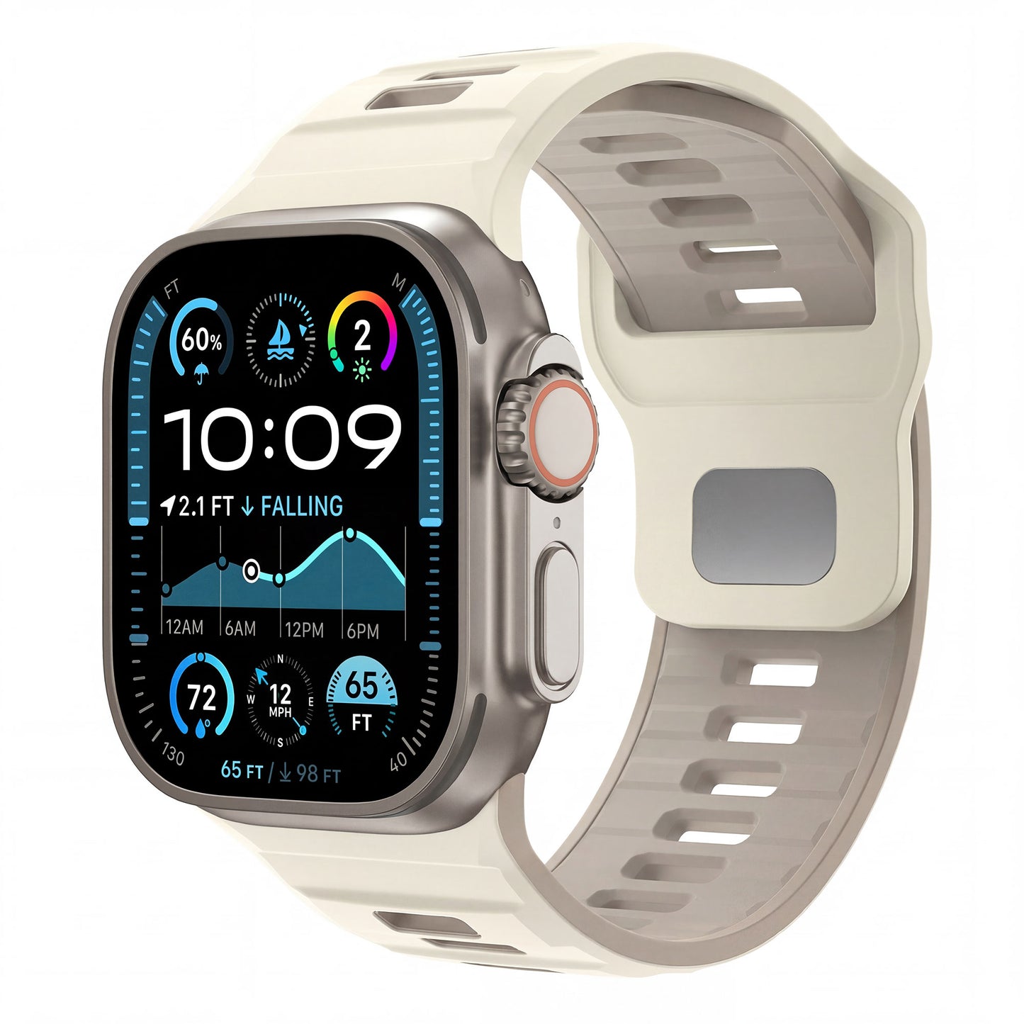 Das Arktisband Apple Watch Silikonarmband "Runner" ist ein weißes, atmungsaktives Band, das Gesundheits- und Wetterdaten auf dem bunten Bildschirm der Apple Watch anzeigt.