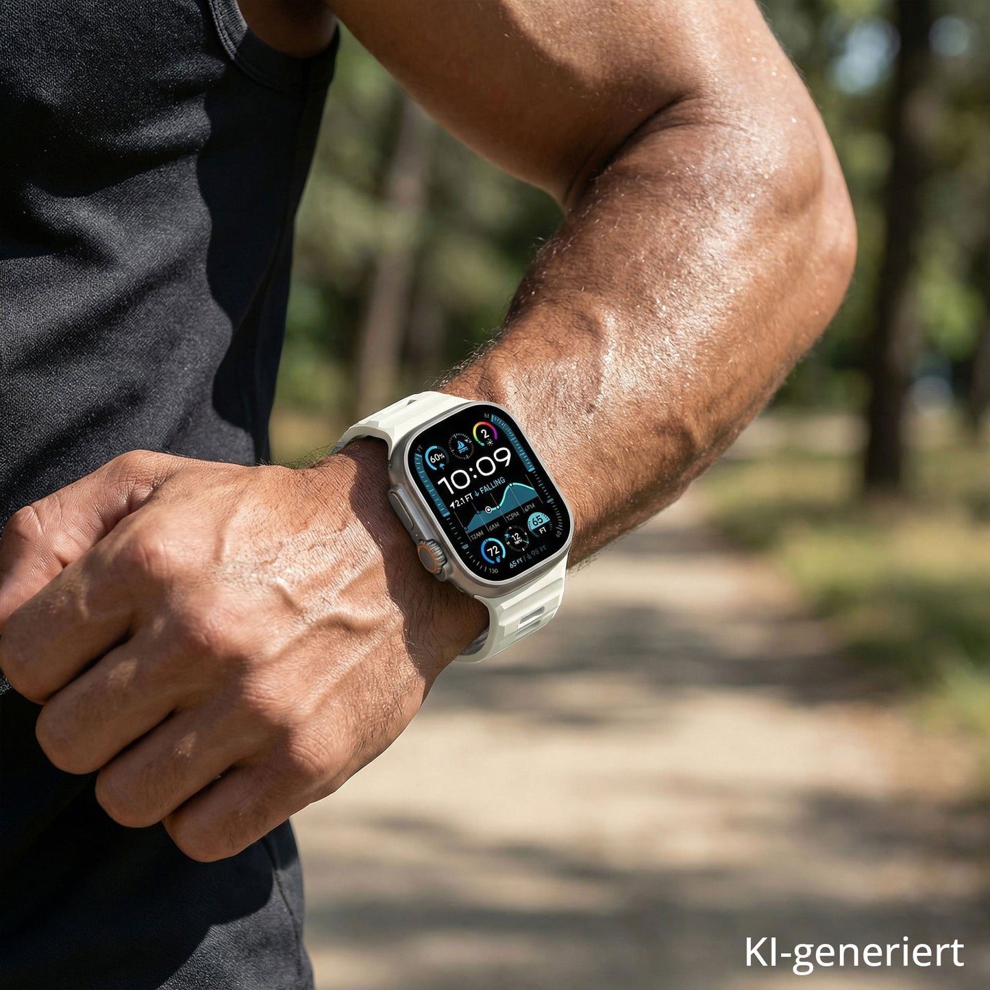 Eine Person, die im Freien ein arktisband Apple Watch-Silikonarmband „Runner“ in Weiß trägt – ein 26 mm extrabreites Silikonarmband von arktisband –, wobei auf dem Bildschirm der Smartwatch eine Fitness-App angezeigt wird.